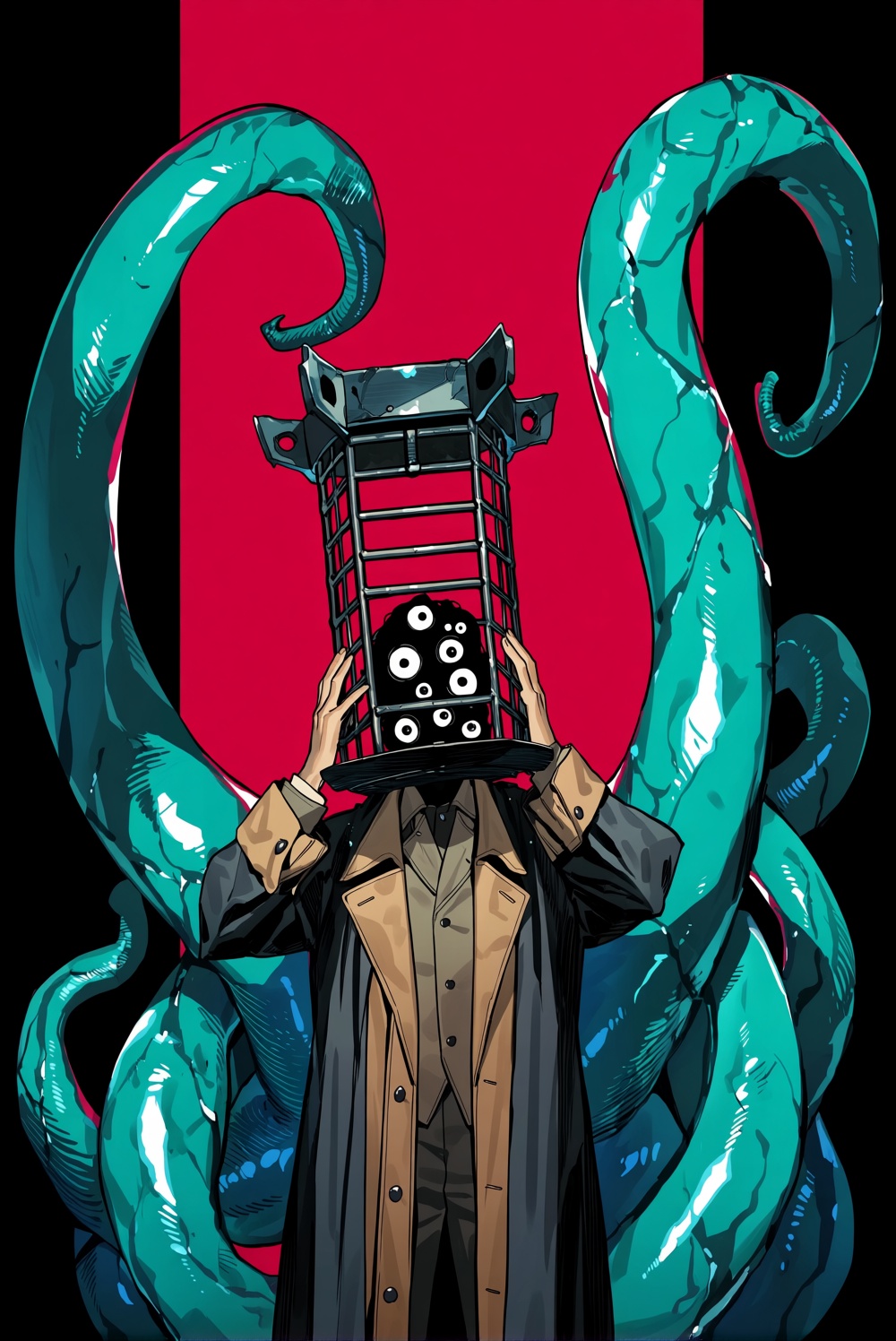 @takamachi_gogogo,  takamachi gogogo. A digital illustration depicts a surreal,  dark figure standing against a vivid on T...
