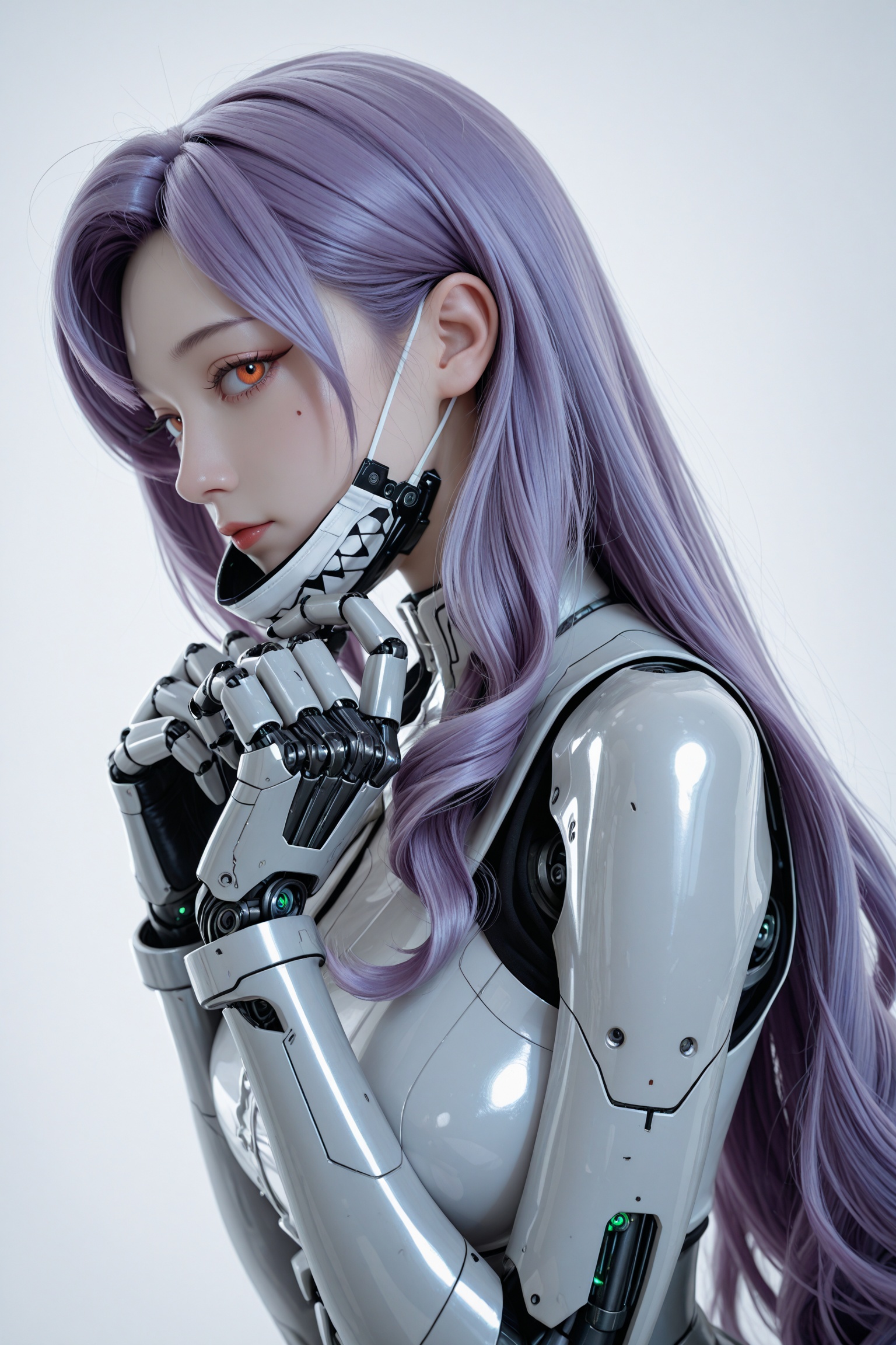 yoneyama mai,vivian,masterpiece,dutch angle,scenery,1girl,solo,long hair,closed mouth,medium breasts,armor,eyelashes,profile,mask,forehead,science fiction,mouth mask,sideways glance,android,hair slicked back,cyborg,robot joints,mechanical parts,cyberpunk,looking at viewer,upper body,from side,simple background,white background,translucent skin,mechanical structure,hands_up,