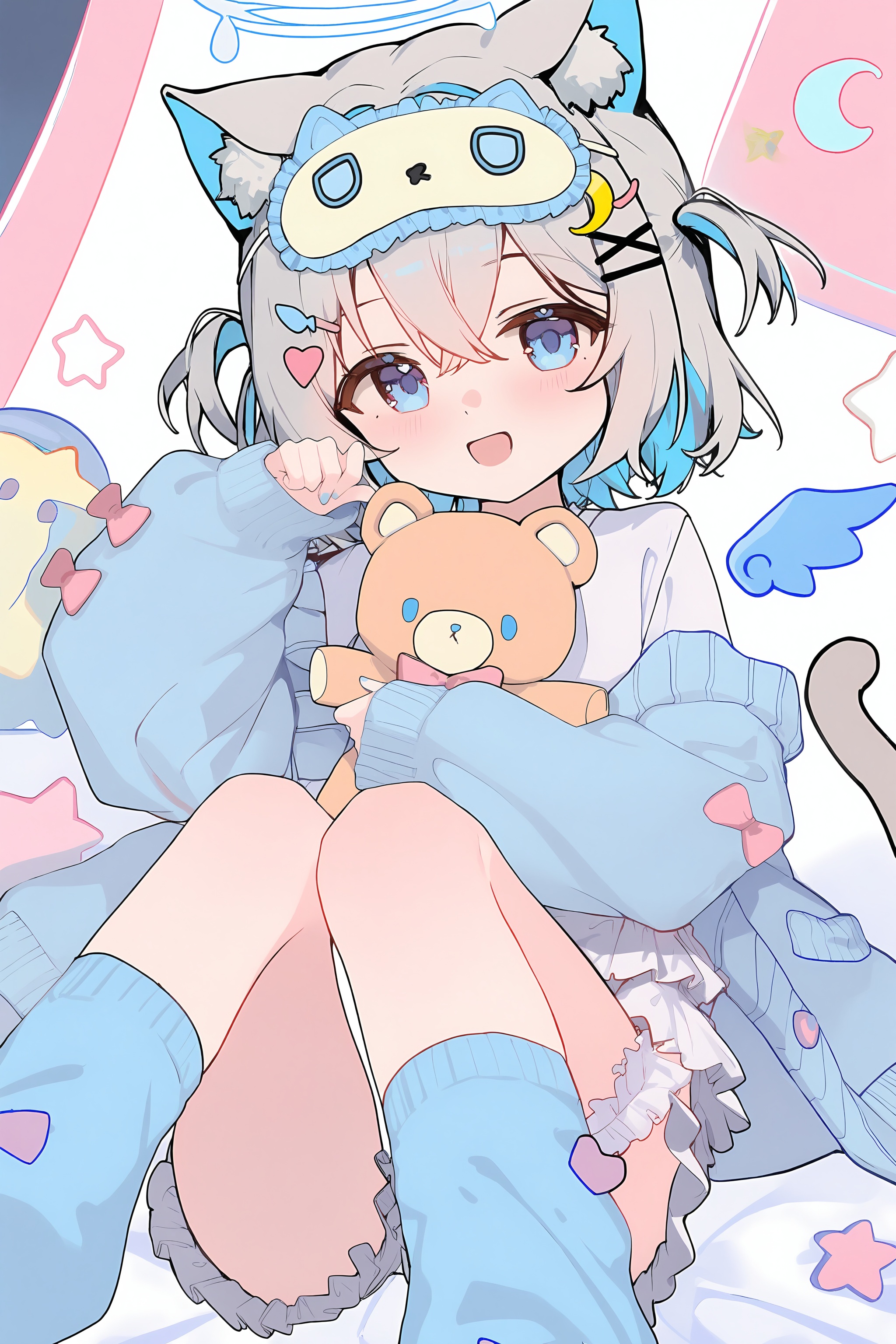 high resolution,aesthetic,excellent,medium resolution,newest,year 2025,<lora:nai4-ckxl0.2-000031>,sleep mask,1girl,stuffed toy,animal ears,stuffed animal,blue eyes,mini wings,hair ornament,detached wings,sleeves past wrists,mask on head,tail,ers,animal ear fluff,cat girl,blue cardigan,wings,cat tail,cat ears,long sleeves,socks,x hair ornament,mask,cardigan,looking at viewer,halo,puffy long sleeves,solo,lying,open mouth,blue socks,white ers,hairclip,open cardigan,on back,eye mask,white wings,feet out of frame,frilled shorts,teddy bear,blush,knees together feet apart,grey hair,holding stuffed toy,loose socks,puffy sleeves,open clothes,smile,bed sheet,ice cream,underwear,stuffed cat,hair between eyes,shirt,fish hair ornament,crossed bangs,crescent,short hair,food,crescent hair ornament,two side up,hugging object,pink bow,star hair ornament,white shirt,blue nails,knees up,jacket,hand up,blue wings,blue jacket,heart hair ornament,blue hair,bridal garter,:d,bow,loli,