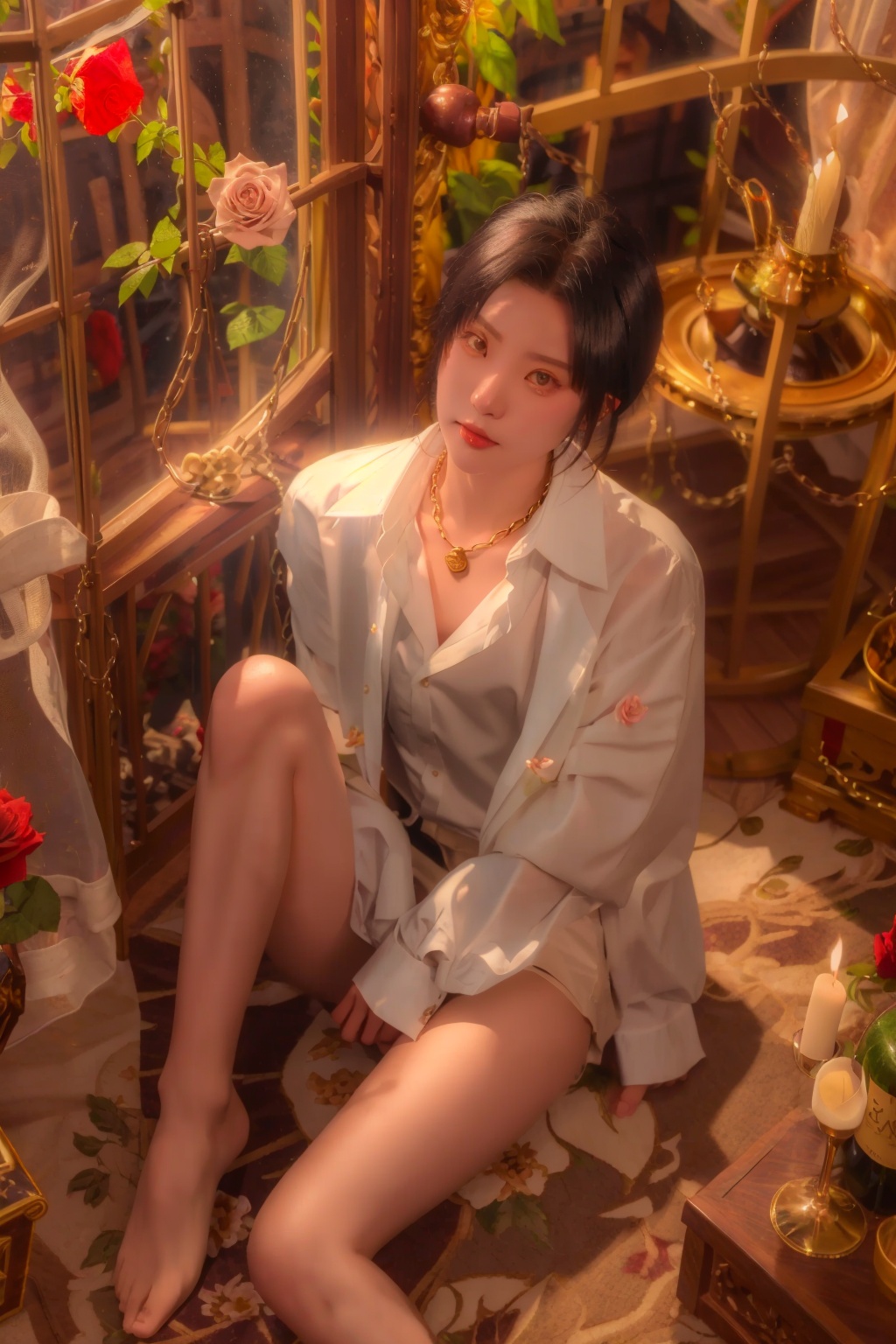 longzhongque,sunlight,magnificent,golden birdcage,shirt,barefoot,bottle,sitting,cage,solo,black hair,white shirt,book,short hair,flower,wine glass,male focus,dark skin,1boy,looking at viewer,naked shirt,indoors,alcohol,wine bottle,collared shirt,1girl,wine,cup,long sleeves,drinking glass,dress shirt,open shirt,plant,window blinds,candle,rose,window,jewelry,from above,between legs,bare legs,open clothes,curtains,closed mouth,petals,hand between legs,chain,<lora:longzhongque_v1_5_512:0.8>,