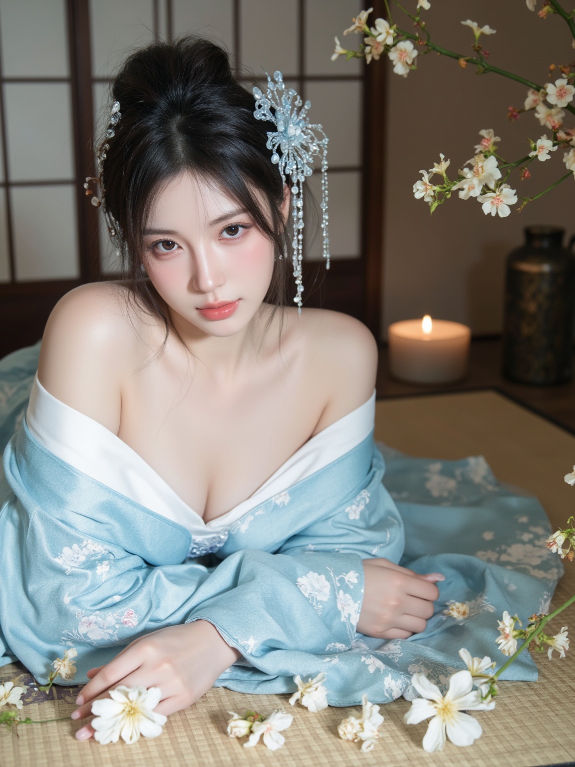 <lora:al.24:0.8>,an asian woman in a blue hanfu,expose the breast,nipples,a shy expression,wearing an intricate headdress and hairpin on his head,lying on tatami,there are lots of flowers around,soft light,beautiful atmosphere,naked upper body,