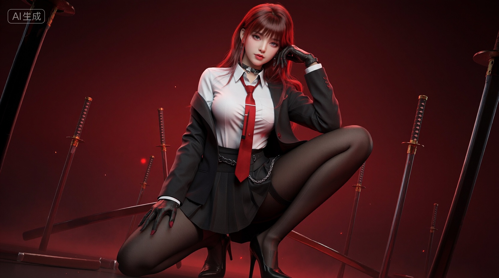 This is a digital rendering of a futuristic cyberpunk character. The female character is wearing a white shirt,a red tie,a black suit jacket,a black skirt,black high heels,red hair,a dark red background,and many samurai swords stuck on the ground. The perspective of the picture is very visually impactful.,, Negative prompt: ng_deepnegative_v1_75t,(badhandv4:1.2),EasyNegative,(worst quality:2),,nsfw, Steps: 30, Sampler: Euler, CFG scale: 1.0, Seed: 2869965345, Size: 1664x928, Model hash: 98763a1277, Model: Qwen-Image_1.0.safetensors, Denoising strength: 0, RNG: CPU, Lora 1: 【摸鱼】3D, Lora Hash 1: 52f0ca014f, Lora Weight 1: 0.8, Lora 2: 【摸鱼】3D电商渲染级KV海报_创意视觉表达, Lora Hash 2: ce1227b095, Lora Weight 2: 0.4, Lora 3: Qwen-Image-Lightning-8steps-V2.0, Lora Hash 3: 72e97fdebc, Lora Weight 3: 0.6, vae_name: automatic