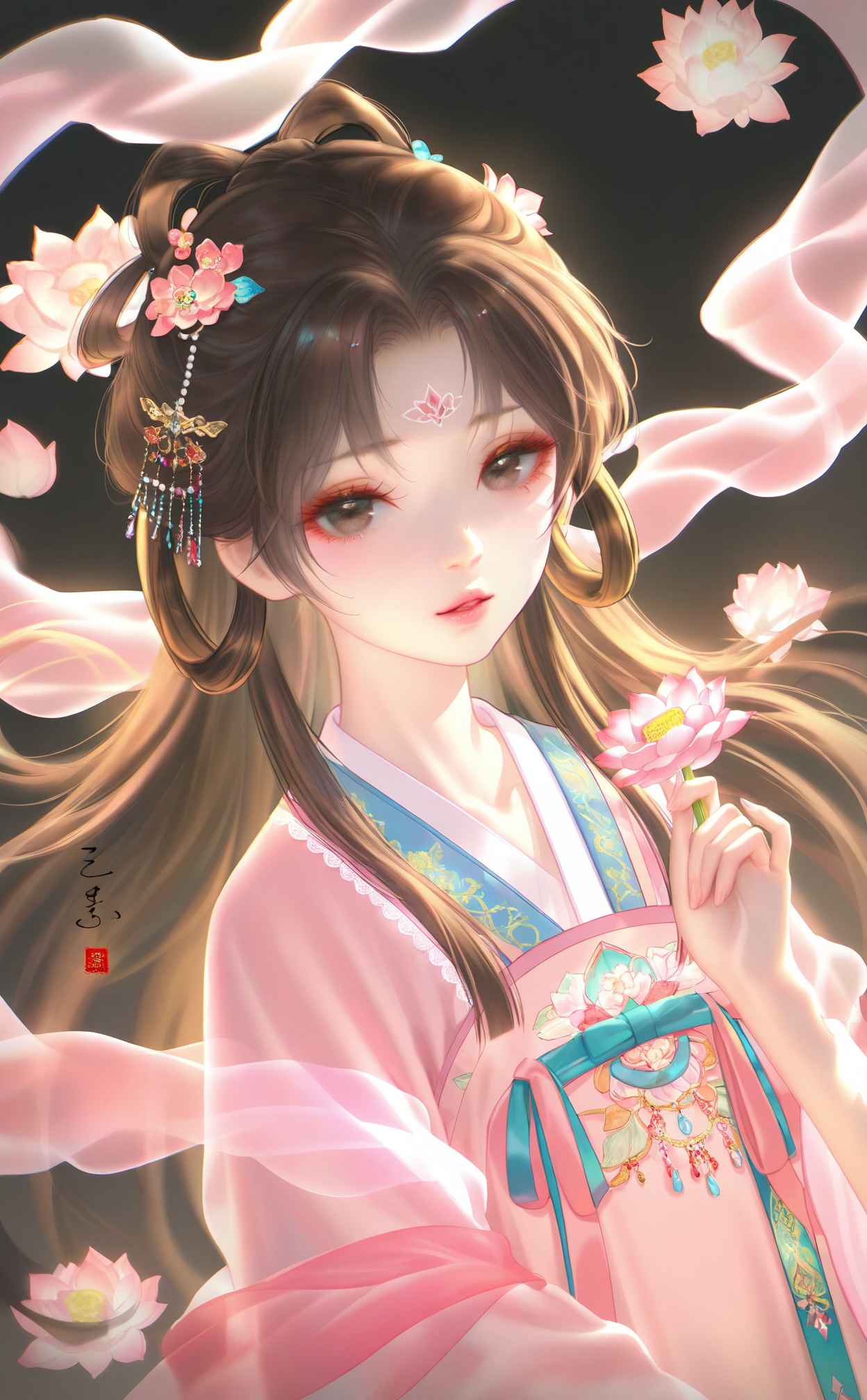 masterpiece,very aware,highres,absurdres,newest,best quality,loli,petite,high quality,chromatic_aberration,chromatic_aberration,cinematic_angle,dutch angle,black_background,//,1girl,forehead_mark,flower,facial_mark,holding_flower,solo,hair_ornament,brown_hair,hagoromo,holding,hair_rings,chinese_clothes,long_hair,upper_body,lotus,shawl,looking_at_viewer,hanfu,pink_flower,parted_lips,//,//,photorealistic,Artist:na-ga,(quasarcake:0.2),(wanke:0.9),[Artist:chen bin],Artist:tidsean,[Artist:sk (askzy)],(artist:tokkyu:0.5),(artist:momoko \(momopoco\):0.5),himitsu_(hi_mi_tsu_2),//,<lora:MAQ326——【noob】hans:0.5>,<lora:sansu——【noob】hans:0.8>,
