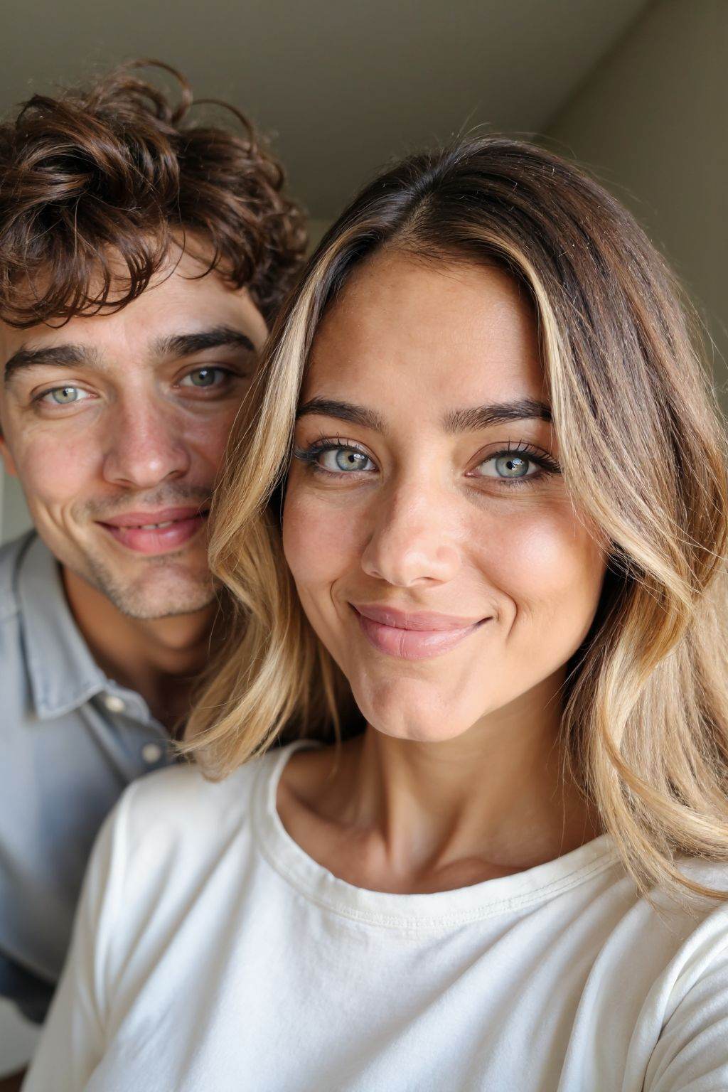 This is a photograph of a young couple posing for a selfie indoors. The woman,  with long blonde hair,  wears a white boat...