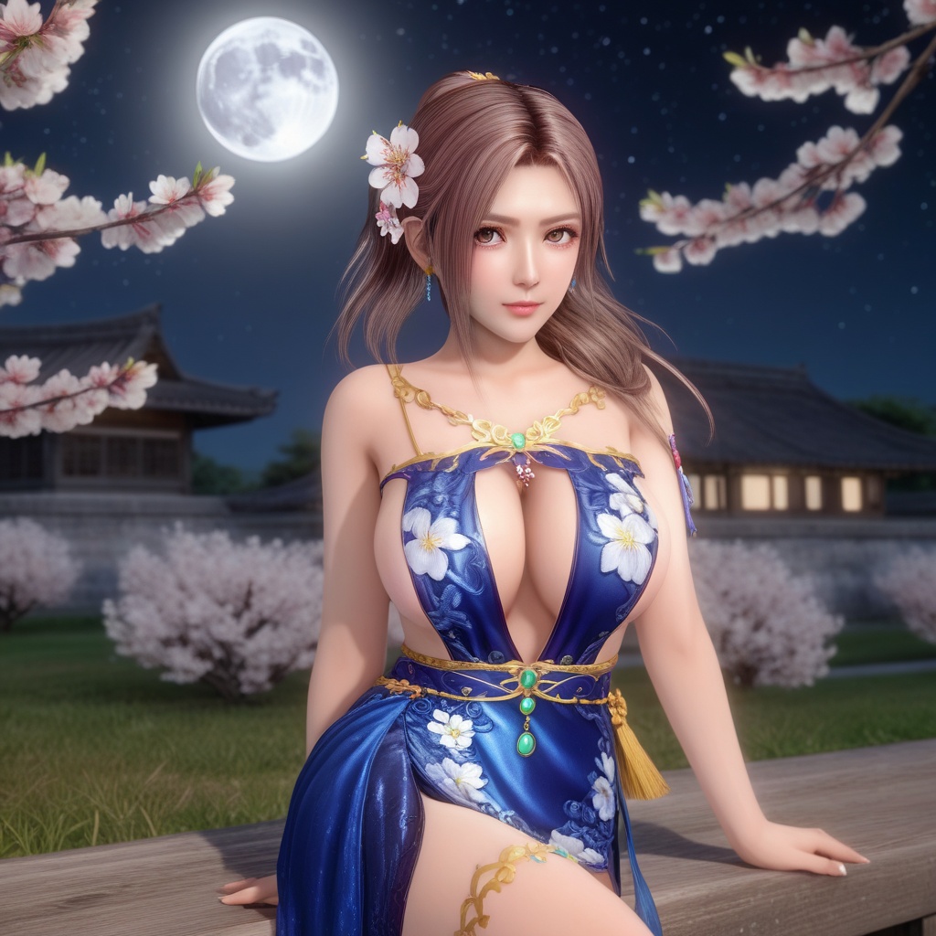<lora:847-DA-XL-死或生-Elise-BirthdaySuit-20220903:0.8>, (,1girl, ,best quality, ),,  ,ultra realistic 8k cg,, ,masterpiece, (( , )),, ,   ,   cure blossom, full moon,night,night sky,  (cleavage),,  (), ,,