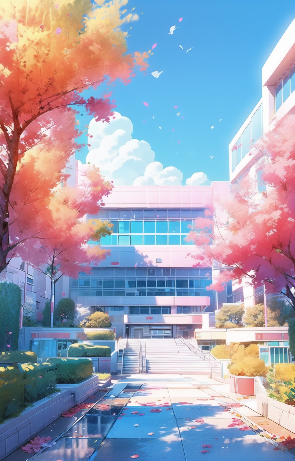 xuex,no humans,scenery,outdoors,sky,building,tree,cloud,day,blue sky,bush,city,cherry blossoms,<lora:xuexiao:1>,