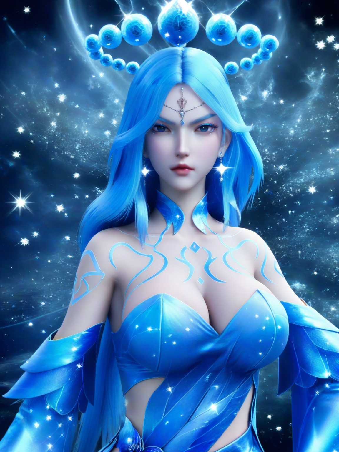 score_9,1girl,solo,dress,long hair,standing,forehead mark,forehead jewel,earrings,hair ornament,blue hair,detached sleeves,large breasts,sparkle,cleavage,standing,upper body,lipstick,looking at viewer,<lora:SF_LiShaoYing_Pony_Realism2.3-000004:0.7>,