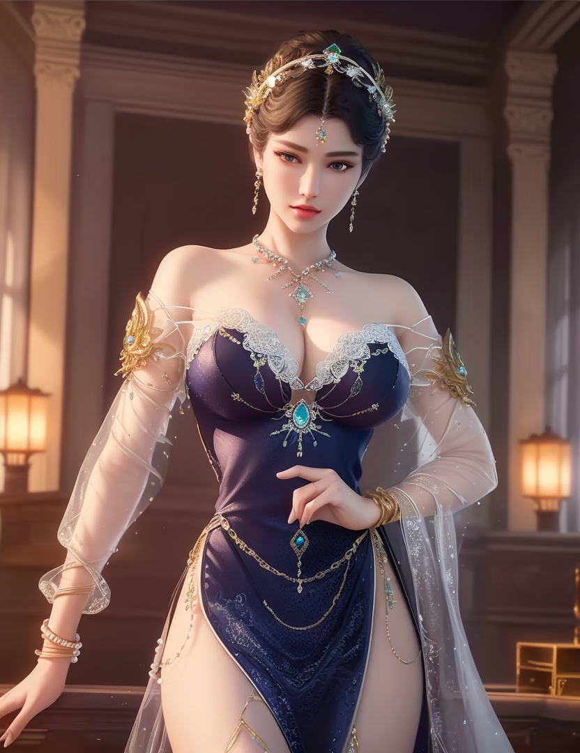 ultra realistic 8k cg, picture-perfect face, flawless, clean, masterpiece, professional artwork, famous artwork, cinematic lighting, cinematic bloom, perfect face, beautiful face, fantasy, dreamlike, unreal, science fiction,  beautiful clothes, lace, lace trim, lace-trimmed legwear,  (rich:1.4), prestige, luxury, jewelry, diamond, gold, pearl, gem, sapphire, ruby, emerald, intricate detail, delicate pattern, charming, alluring, seductive, erotic, enchanting, hair ornament, necklace, earrings, bracelet, armlet,halo((,1girl, pov,))(((,  1girl,  solo,looking at viewer, ))),(((1girl, solo, dress, jewelry,large breasts, )))<lora:DA_WhiteSnakeGreenSnake:0.7>
