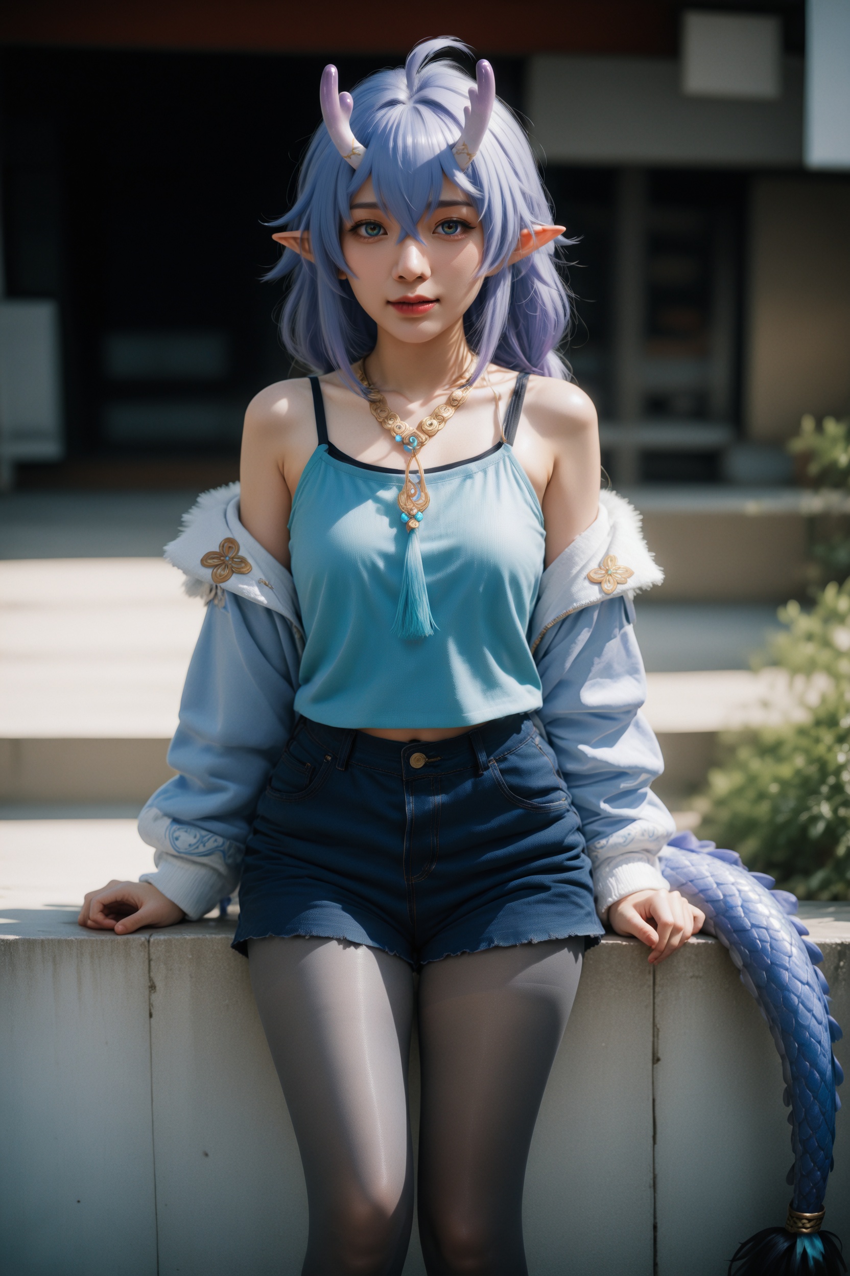 (realistic),detailed background,.,.,general,.,.,1girl,feet out of frame,grey pantyhose,aged up,jewelry,outdoors,camisole,bailu \(honkai: star rail\),shorts,, very awa, masterpiece, best quality, highres, absurdres,, RAW candid cinema, 16mm, color graded portra 400 film, remarkable color, ultra realistic, textured skin, remarkable detailed pupils, realistic dull skin noise, visible skin detail, skin fuzz, dry skin,