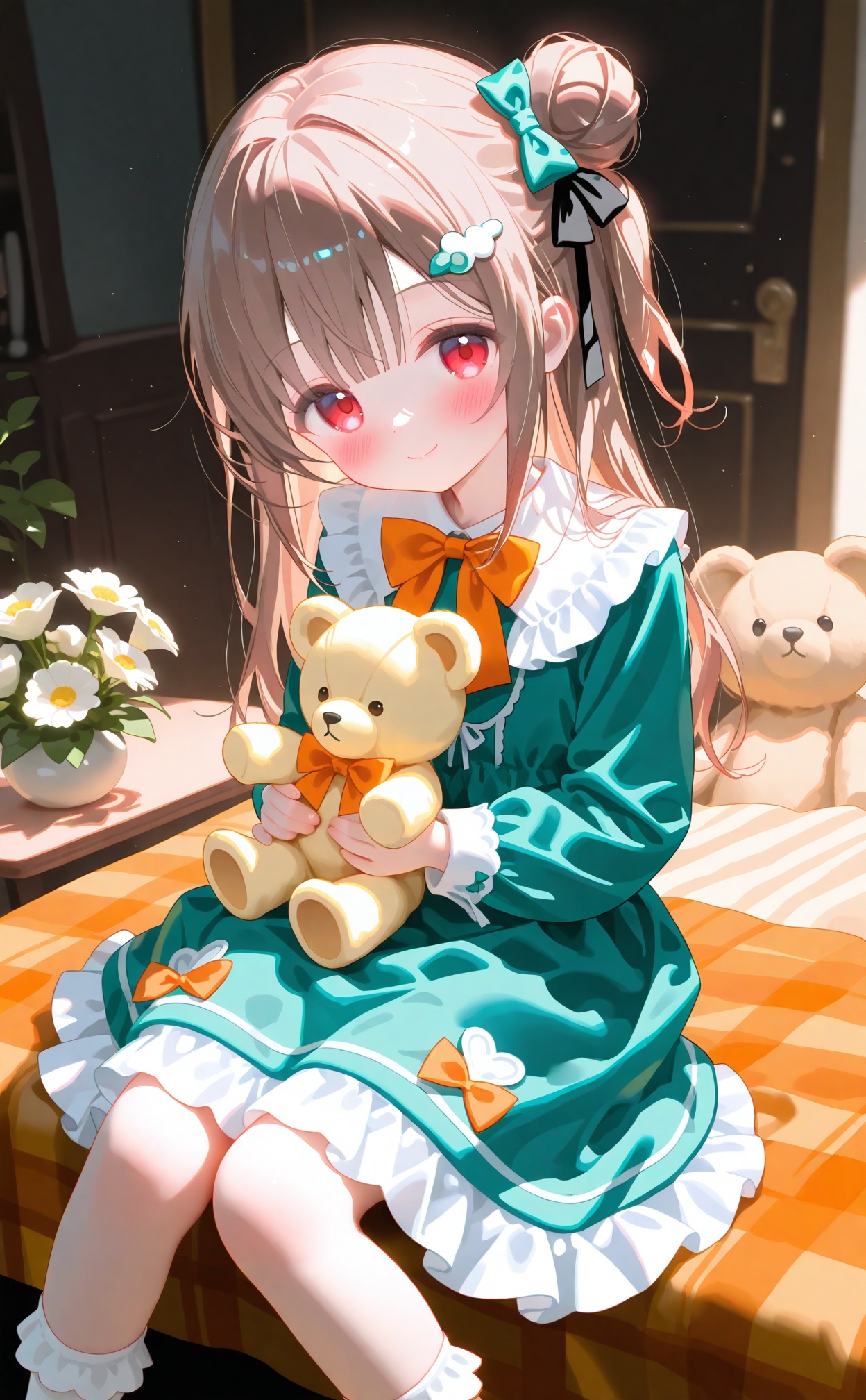1girl,loli,smile,blush,stuffed animal,stuffed toy,solo,dress,long hair,sitting,looking at viewer,teddy bear,holding stuffed toy,long sleeves,hair ornament,hair bun,bow,green dress,orange bow,plaid,blush,socks,frills,bangs,closed mouth,holding,red eyes,orange bowtie,flower,feet out of frame,ribbon,hair ribbon,single side bun,green bow,brown hair,table,blanket,black ribbon,hairclip,collar,bowtie,