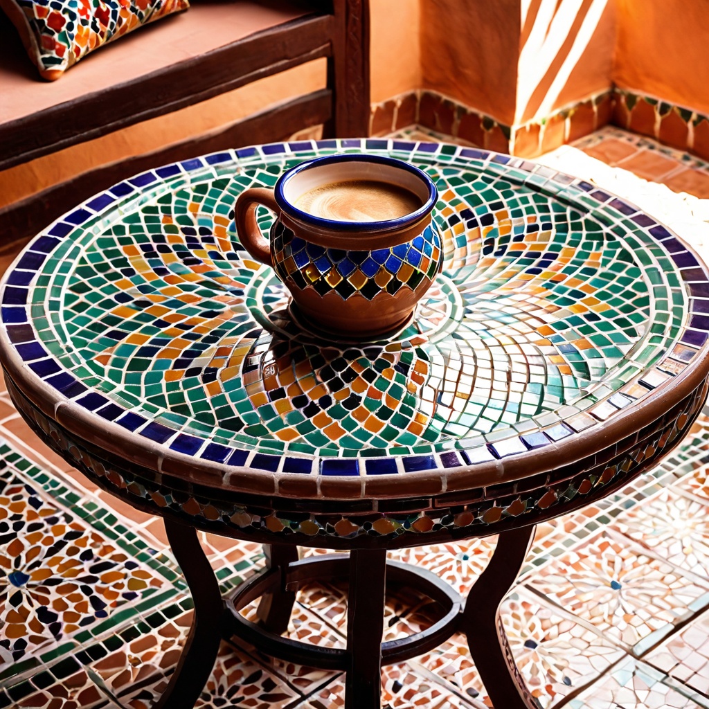 scenemorocriad,  a ceramic coffee mug,  Moroccan riad courtyard table on Tensor.Art