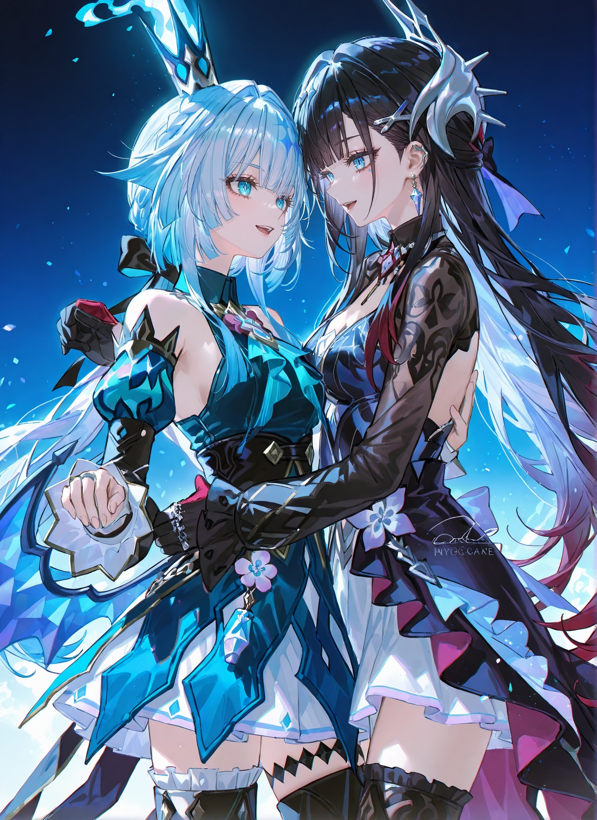 8k,best quality,masterpiece,(ultra-detailed),(high detailed skin),artist:john kafka,(artist:wanke:0.9),artist:fuzichoco,artist:quasarcake,(artist:nixeu:0.8),very aware,<lora:Cerydra-Hysilens-ill-Tanger:0.8>,2girls,Hysilens and Cerydra BREAK(Cerydra \(Honkai: Star Rail\),clothes: Cerydradef blue-and-black dress,Cerydradef crown,Cerydradef  blue low wings,1girl,blue hair,Cerydradef detached sleeves,blue eyes,multicolored hair,(Cerydradef single black thighhigh):1.1) BREAKHysilens \(Honkai: Star Rail\),silver face scale,1girl,long hair,blue eyes,black hair,Hysilensdef hair ornament,bangs,breasts,clothes: Hysilensdef white-and-black dress,Hysilensdef thighhighs,Hysilensdef mismatched gloves,long sleeves,black left glove,red right glove BREAKartist name,cowboy shot,dancing,facing another,hand on another's back,holding hands,interlocked fingers,looking at another,open mouth,blue background,short sleeves,smile,