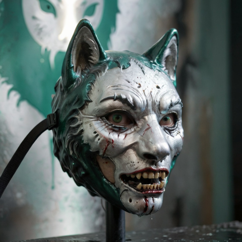cinematic moviemaker style,  Photograph of a heist mask shaped like a wolf with horror design,  metallic green and fluid s...