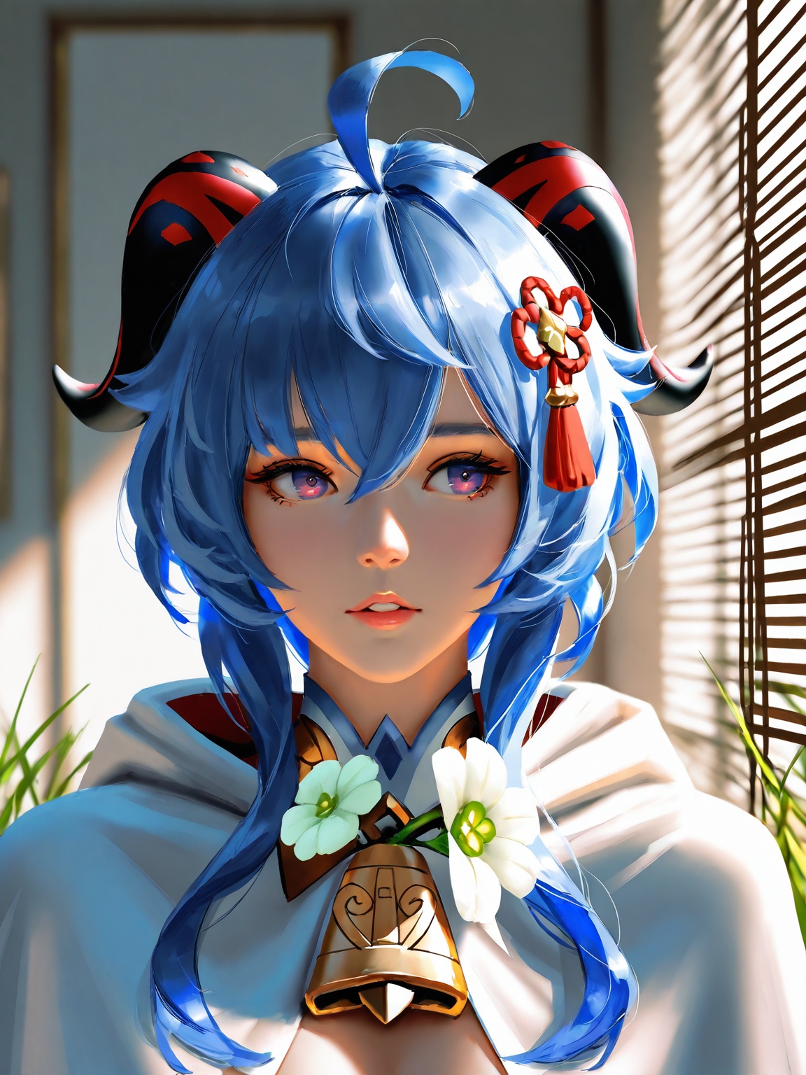 realistic,2.5D,photorealistic,(newest, recent,:1.3), (guweiz, wlop, pluvium grandis), realistic, year_2024, year_2023, year_2022, year_2021,absurdres, highres, best quality, masterpiece, very aesthetic,genshin impact, ganyu \(genshin impact\), 1girl, black horns, blue hair, bug, butterfly, cloak, feather hair ornament, feathers, hair ornament, horns, lips, long hair, parted lips, portrait, purple eyes, realistic, solo, white cloak, white feathersindoors, window blinds, ahoge, blue hair, flower, flower knot, grass, qingxin flower