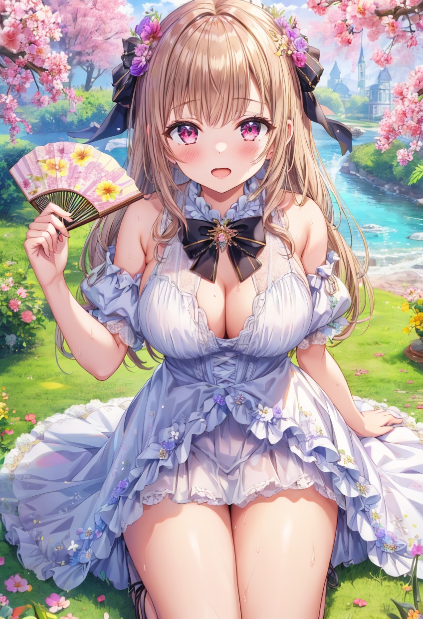 masterpiece,best quality,absurdres,1girl,beautiful detailed girl fine and beautiful detailed skin,extremely detailed beautiful background,CG,8K wallpaper,flower,holding_fan,orgasm,outdoors,layered_dress,frilled_dress,miniskirt,