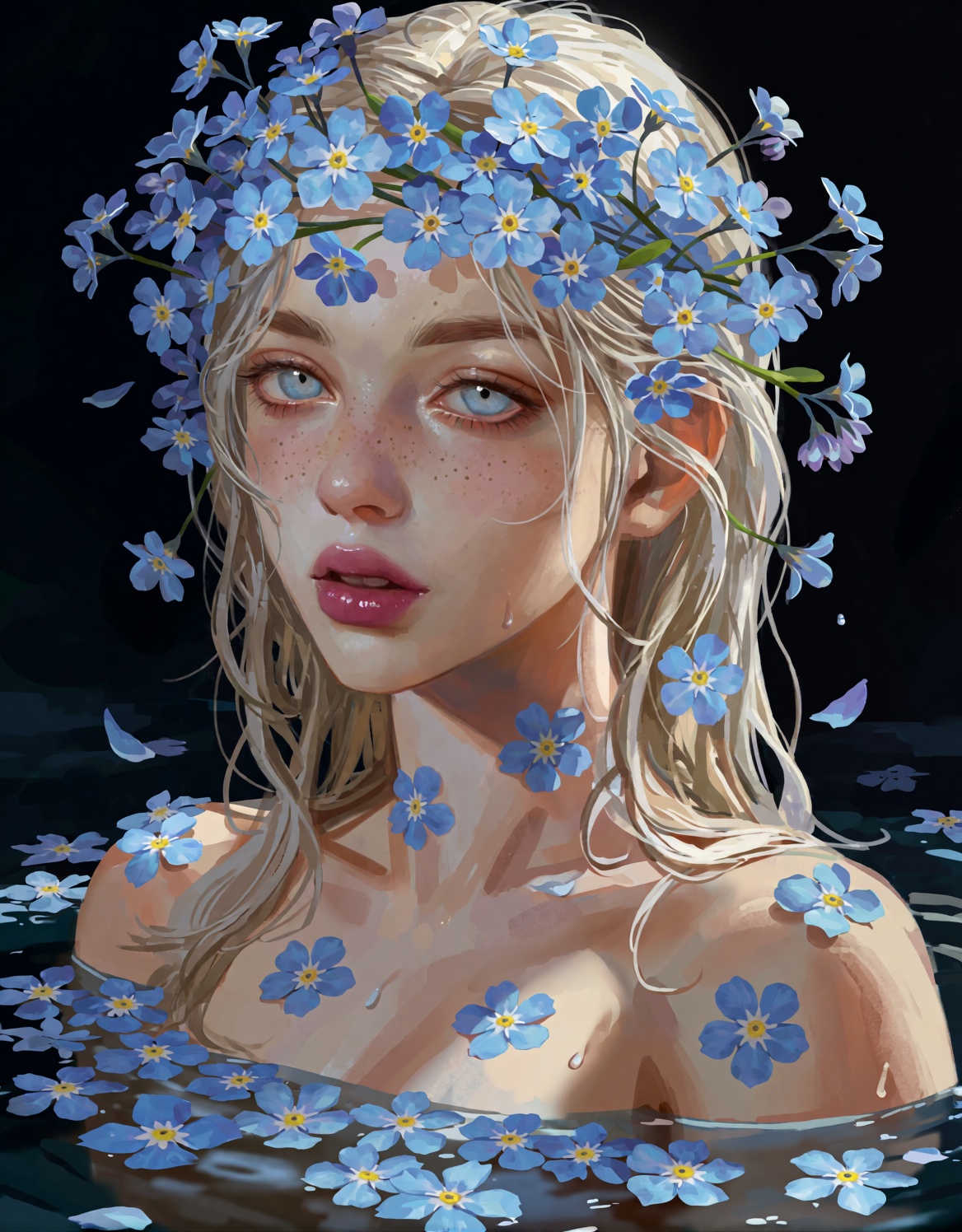 Airy portrait of a young woman with porcelain skin emerging from dark water,  crowned with a voluminous wreath of delicate...