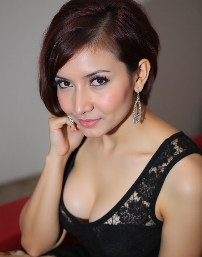 medium close-up photograph of R0r0Fit looking at the camera. She has a black dress on with black lace on it. Her hair is s...