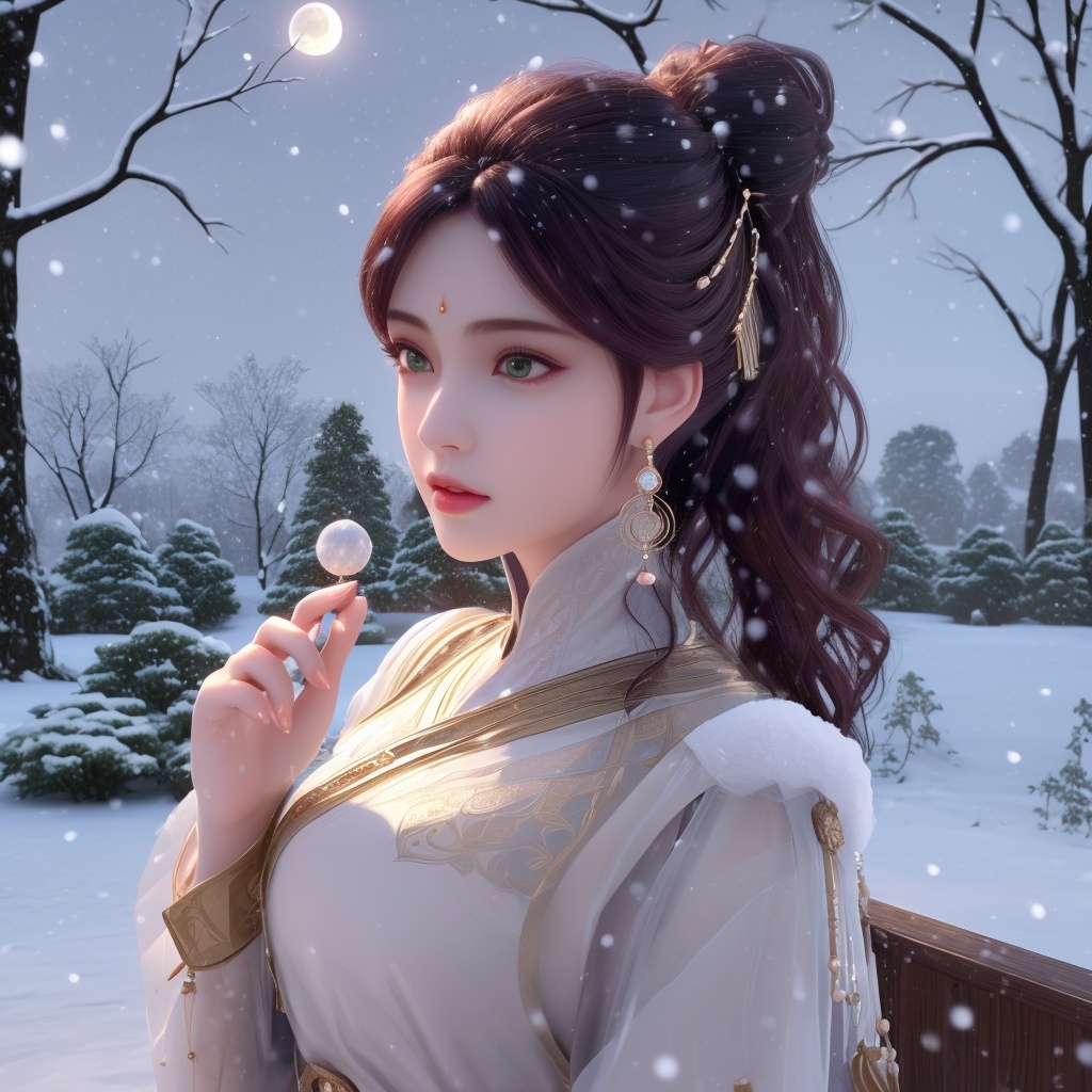 <lora:眷思量-须灵犀-V2:0.8>, (,1girl, ,best quality, ),looking at viewer,  ultra realistic 8k cg, picture-perfect face,   clean, masterpiece,     cinematic lighting, cinematic bloom, fantasy,  , unreal, science fiction, ((,1girl, pov,))(((,tree, 1girl, full moon,snowing,snow ,solo,     solo focus,  long_hair, looking_at_viewer,  )))  (rich:1.4,)     prestige, luxury, jewelry, diamond, gold, pearl, gem, sapphire, ruby, emerald, intricate detail, delicate pattern, charming, alluring, seductive, erotic, enchanting, hair ornament, necklace, earrings, bracelet, ,