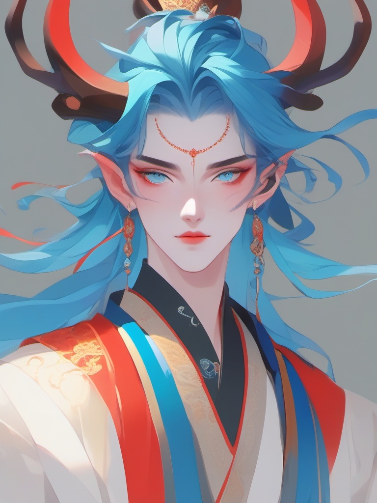 anangc, 1boy, straight-on, horns, long hair, red eyeshadow, blue hair, forehead jewel, blue eyes, chinese clothes, jewelry, earrings, solo, male focus, looking at viewer, makeup, eyeshadow, expressionless, pointy ears, upper body, streaked hair, pale skin, simple background, white background