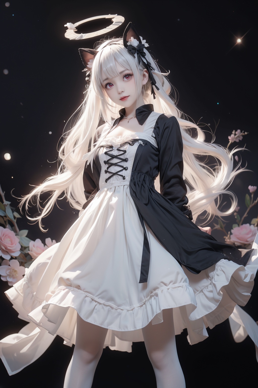1girl,****,white hair,(gothic_lolita:1.5),lolita_hairband,stiletto_heels,(white_pantyhose:1.2),bangs,standing,white flower,no_pupils,(halo:1.2),pink eyes,ribbon,smile,incredibly absurdres,colorful,available light,starry_background,arms_behind_back,looking_at_viewer,