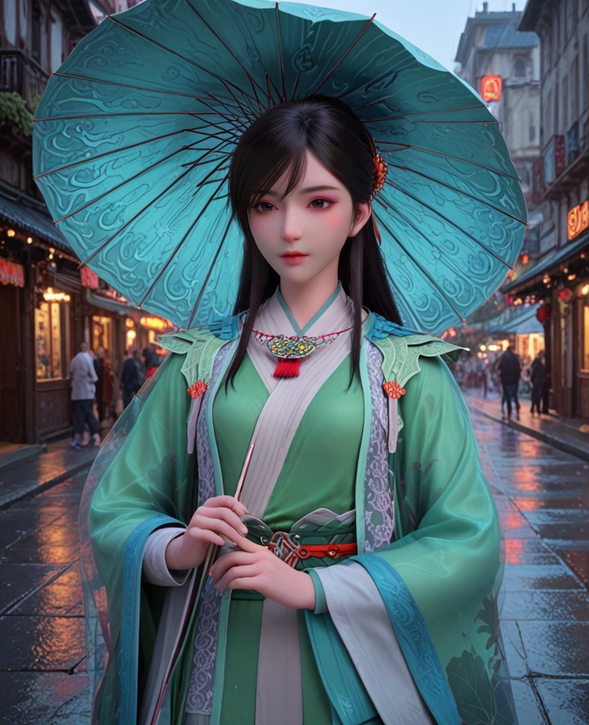 (oriental architecture, elegant decor, sophisticated style:1.1),(Standing on a city street, holding an umbrella in the rain, looking upward,:1.1),(breasts:1.2),<lora:XL少年歌行叶若依:0.95>,miss yeruoyi,green dress,see-through robe,necklace,black hair,long hair,gray eyes,hair ornament,floral print,bangs,sash,hair bun,lips,, score_9,score_8_up,score_7_up,score_6_up,score_5_up,score_4_up,3d rendering,tag1,tag2, Cinematic Lighting,backlighting,