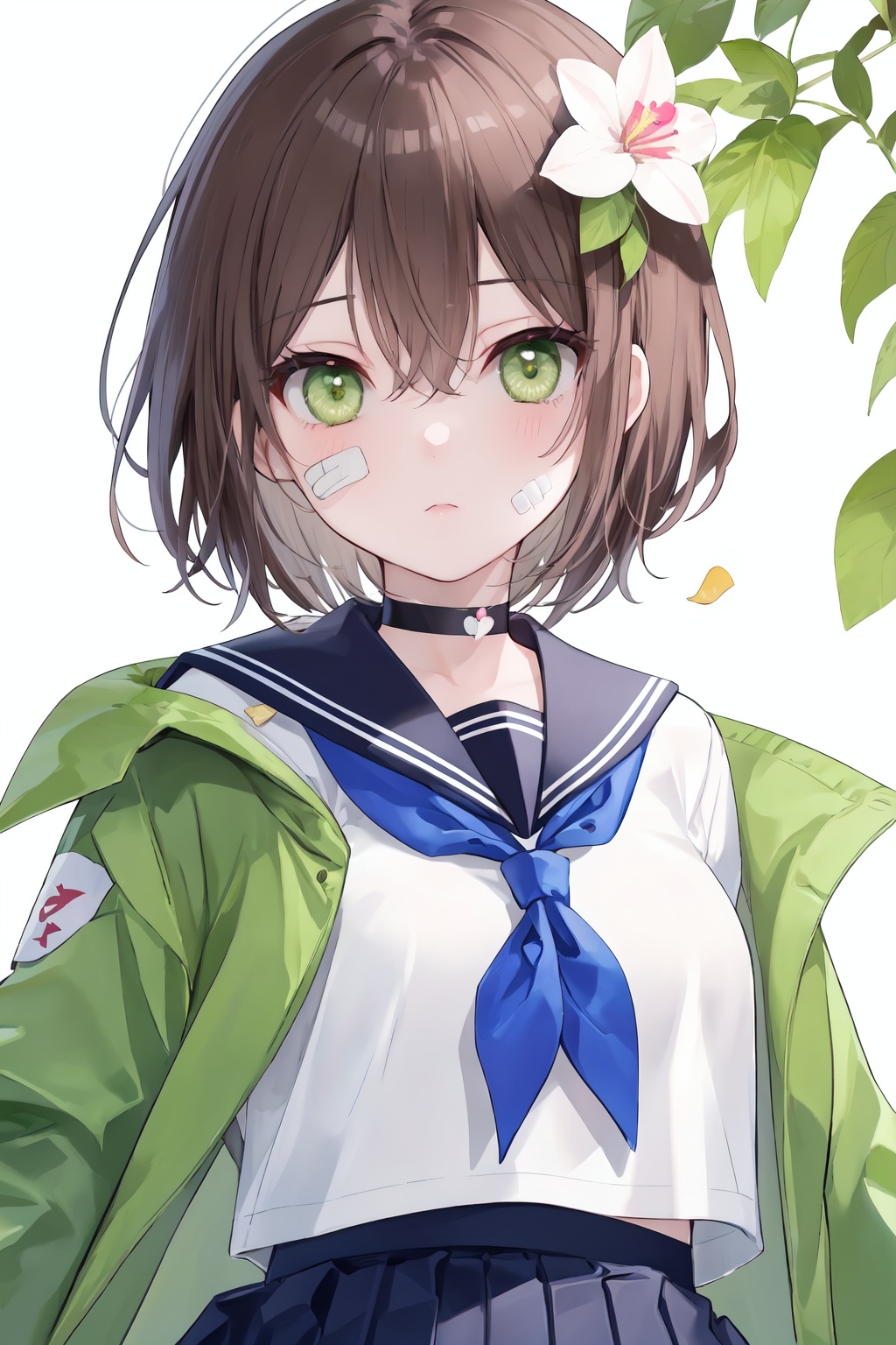 1girl,green eyes,flower,skirt,solo,school uniform,looking at viewer,serafuku,hair ornament,jacket,bandaid,hair flower,blue skirt,pleated skirt,shirt,short hair,white shirt,neckerchief,bangs,sailor collar,sword,weapon,green neckerchief,snake,brown hair,bandaid on face,hair between eyes,leaf,white background,open clothes,choker,open jacket,bright eyes,clear eyes,mi-style,