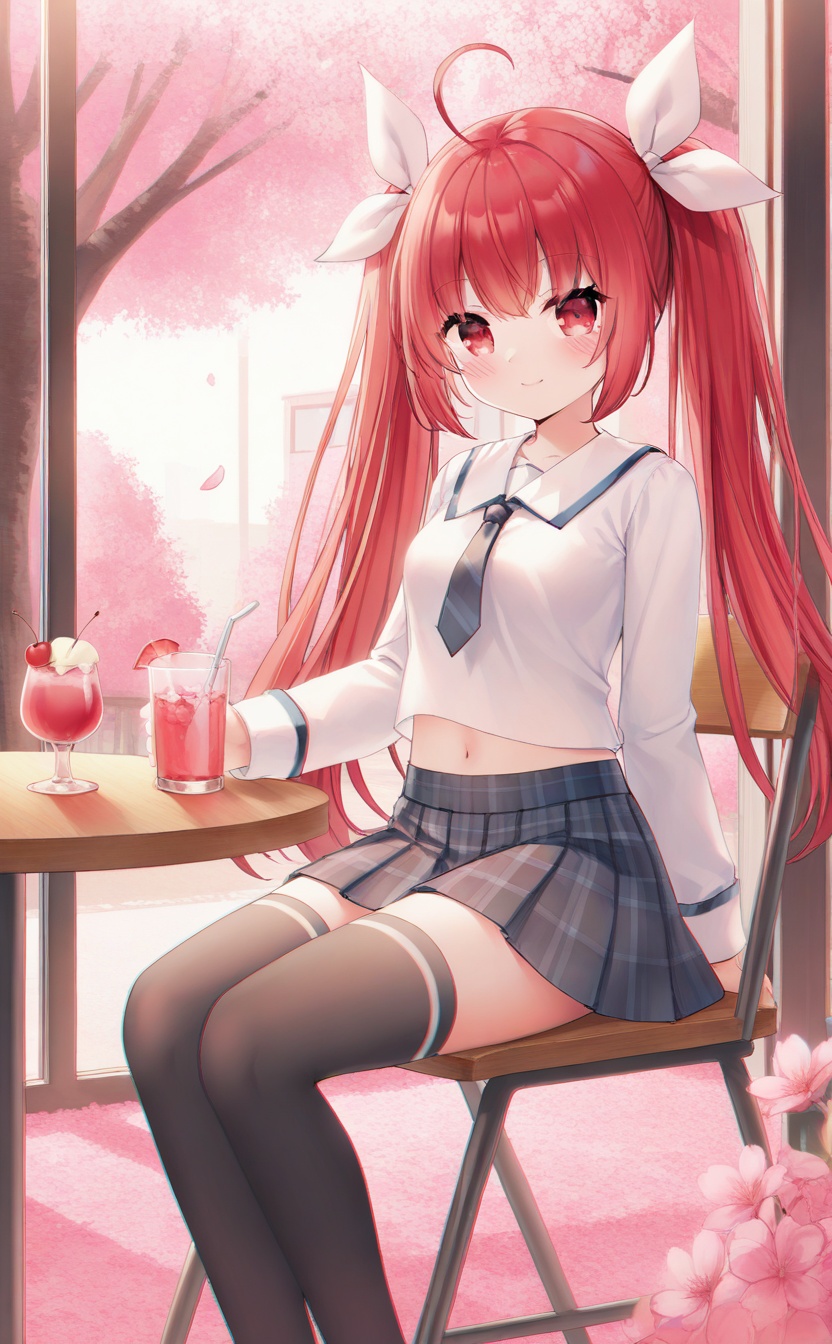 <lora:loli-qinli:0.8>,<lora:guizhencao-style:0.4>,guizhencao style,loli qinli,absurdres,best quality,chromatic_aberration,high quality,masterpiece,outdoors,1girl,solo,ahoge,long hair,red eyes,red hair,twintails,hair ribbon,blush,closed mouth,drink,looking at viewer,smile,breasts,midriff,navel,long sleeves,necktie,ribbon,school uniform,shirt,holding,sitting,black thighhighs,plaid,plaid skirt,pleated skirt,skirt,thighhighs,feet out of frame,chair,cherry,cup,drinking glass,food,fruit,petals,pink flower,table,tree,window,