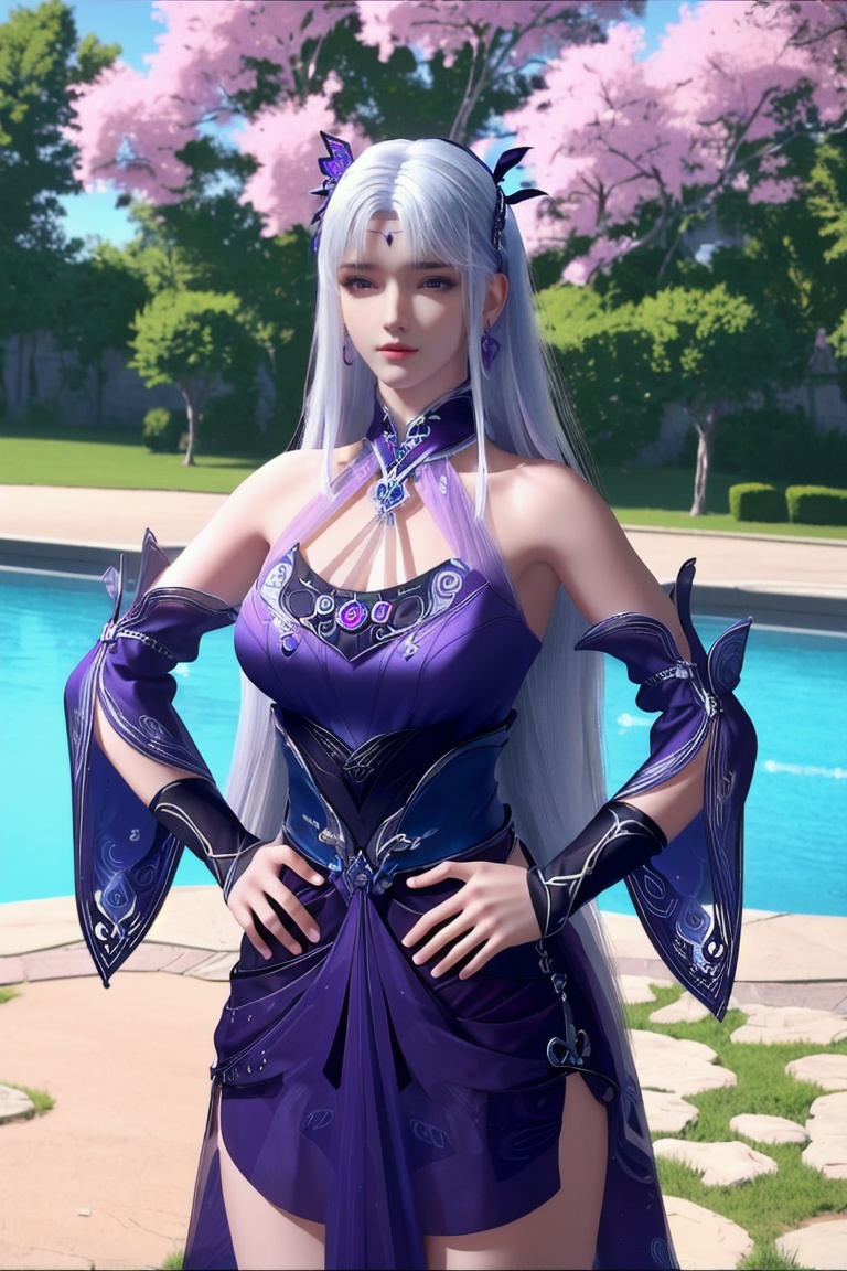 ((HRD, HUD, 8K)),((masterpiece, best quality)), highly detailed, (perfect anatomy:1.2),1girl, solo, long hair, white hair, blue hair, hair ornament, jewelry, earrings,dress, blue dress, bare shoulders, purple dress, detached sleeves, gloves,pool, water,standing, (upper body), looking at viewer, hands on hip, <lora:XiaoYiXian_v2.0-shishu:0.8>