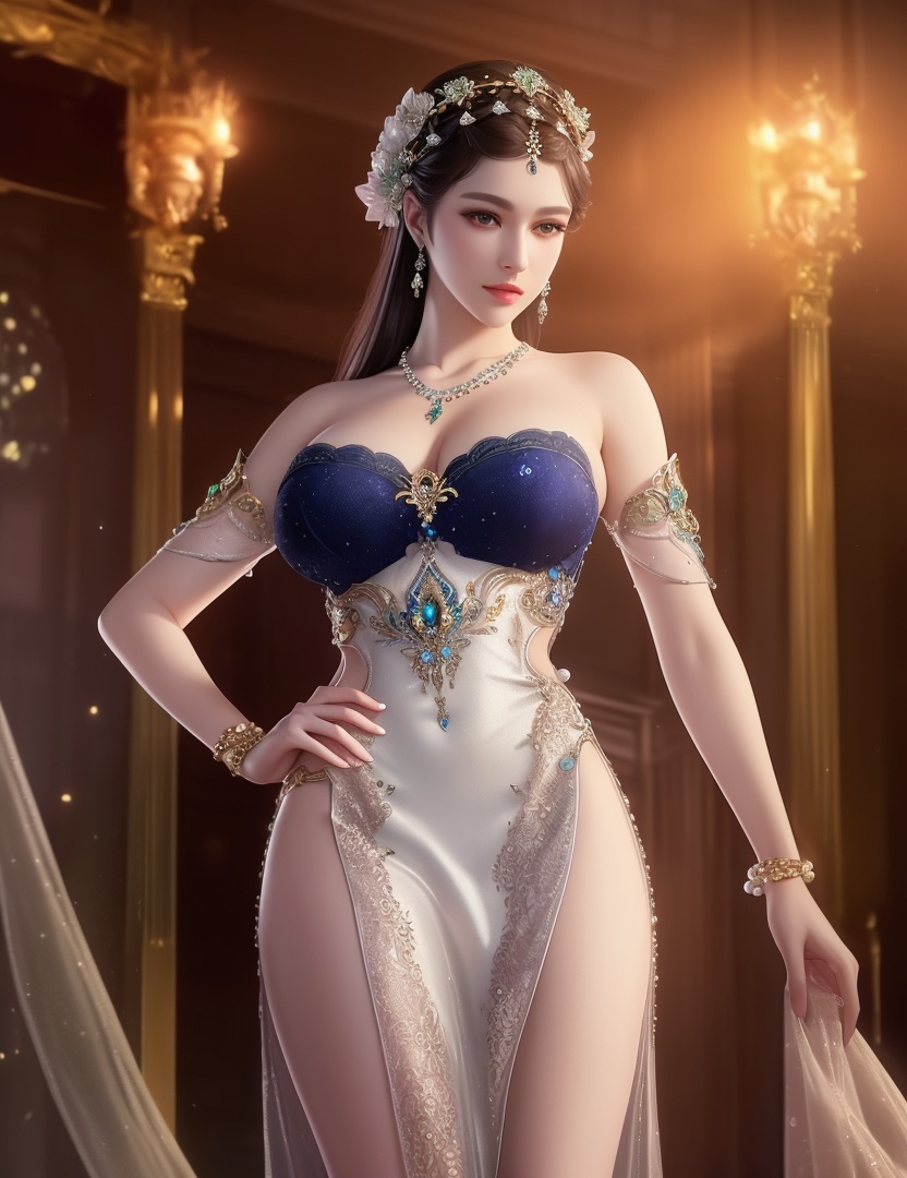 ultra realistic 8k cg, picture-perfect face, flawless, clean, masterpiece, professional artwork, famous artwork, cinematic lighting, cinematic bloom, perfect face, beautiful face, fantasy, dreamlike, unreal, science fiction,  beautiful clothes, lace, lace trim, lace-trimmed legwear,  (rich:1.4), prestige, luxury, jewelry, diamond, gold, pearl, gem, sapphire, ruby, emerald, intricate detail, delicate pattern, charming, alluring, seductive, erotic, enchanting, hair ornament, necklace, earrings, bracelet, armlet,halo((,1girl, pov,))(((,  1girl,  solo,looking at viewer, ))),(((1girl, solo, dress, jewelry,large breasts, )))<lora:DA_WhiteSnakeGreenSnake:0.7>