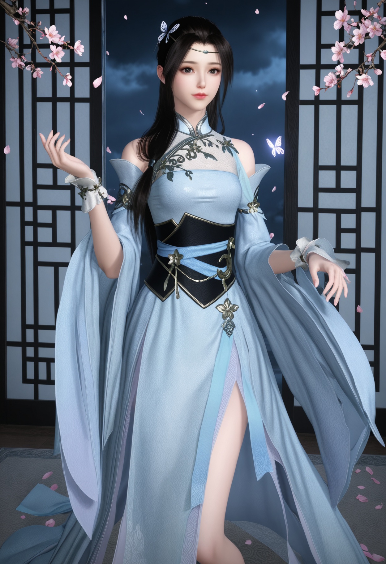 (full_body:1.2),(looking at viewer:1.1),masterpiece,(best quality),smog,Dark room,dim lighting,peach blossom,falling petals,<lora:YQ_Illustrious光辉v5_叶雪青_V1:0.8>,q1528437228,1girl,solo,long hair,black hair,dress,hair ornament,white dress,chinese clothes,detached sleeves,sash,butterfly hair ornament,jewelry,brown hair,bracelet,circlet,black eyes,wide sleeves,long sleeves,obi,white footwear,