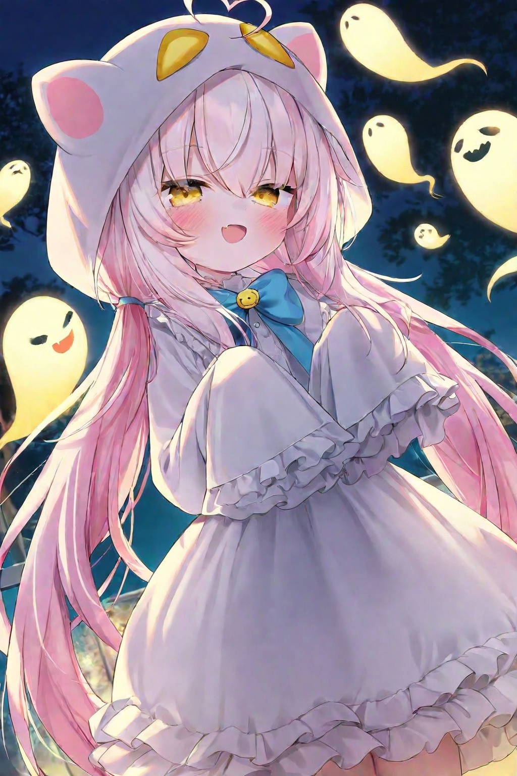 1girl,heart ahoge,dress,long hair,fang,ghost,sleeves past wrists,hood,yellow eyes,twintails,looking at viewer,sleeves past fingers,solo,white dress,low twintails,blue bow,ghost costume,frilled dress,frills,bow,ahoge,open mouth,night,skin fang,white hair,blush,long sleeves,pink hair,outdoors,very long hair,smile,blue bowtie,hair between eyes,sky,animal hood,night sky, <lora:ch-000057:1>