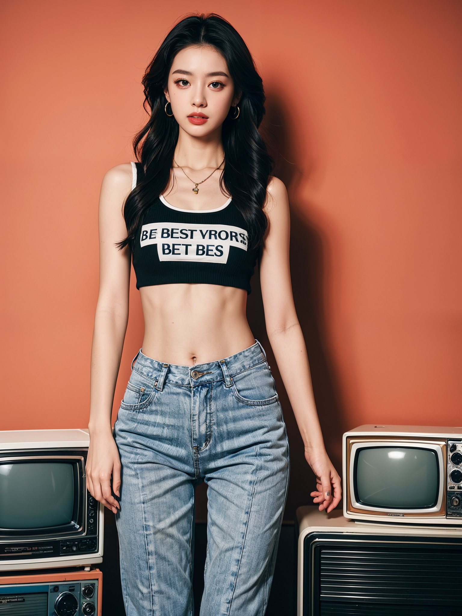 <lora:复古女孩-000020:0.7>,(masterpiece:1.2,best quality),fgnh,1girl,solo,long hair,looking at viewer,shirt,black hair,navel,jewelry,standing,cowboy shot,earrings,parted lips,television,midriff,pants,necklace,english text,lips,crop top,shadow,**** top,denim,jeans,realistic,blue pants,red lips,