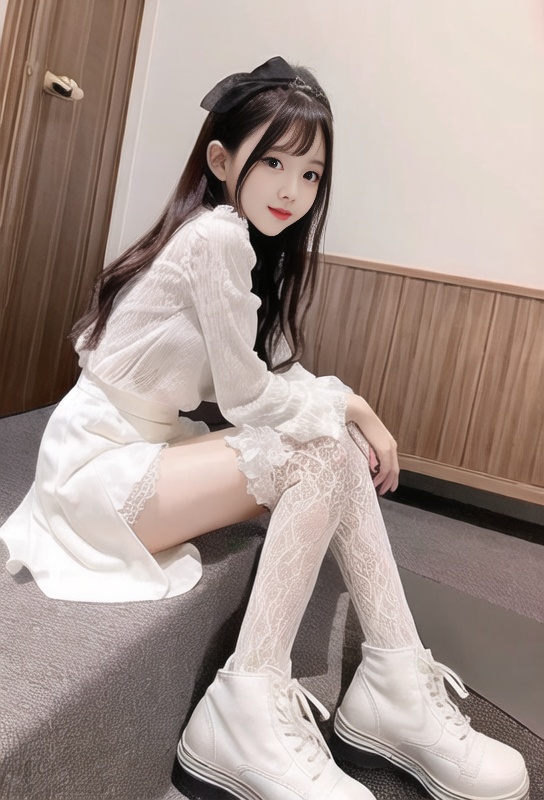 1girl, lace lolita,thighhighs,white,sitting,mini skirts,indoors, full body,  <lora:lacelolita:0.7> <lora:taiwanDollLikeness_v15:0.7>