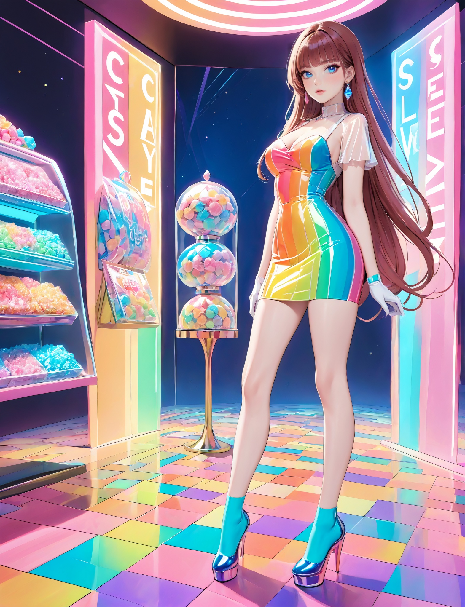 masterpiece,bestquality,(candy lady),(two candy ladies),slender legs,elegant full body posture,colorful top,colorful dress,colorful socks,sci-fi crystal background,candy long boots,<lora:20240730-1722271406618:0.6>,<lora:detailer-xl:1>,crystal world,standing,