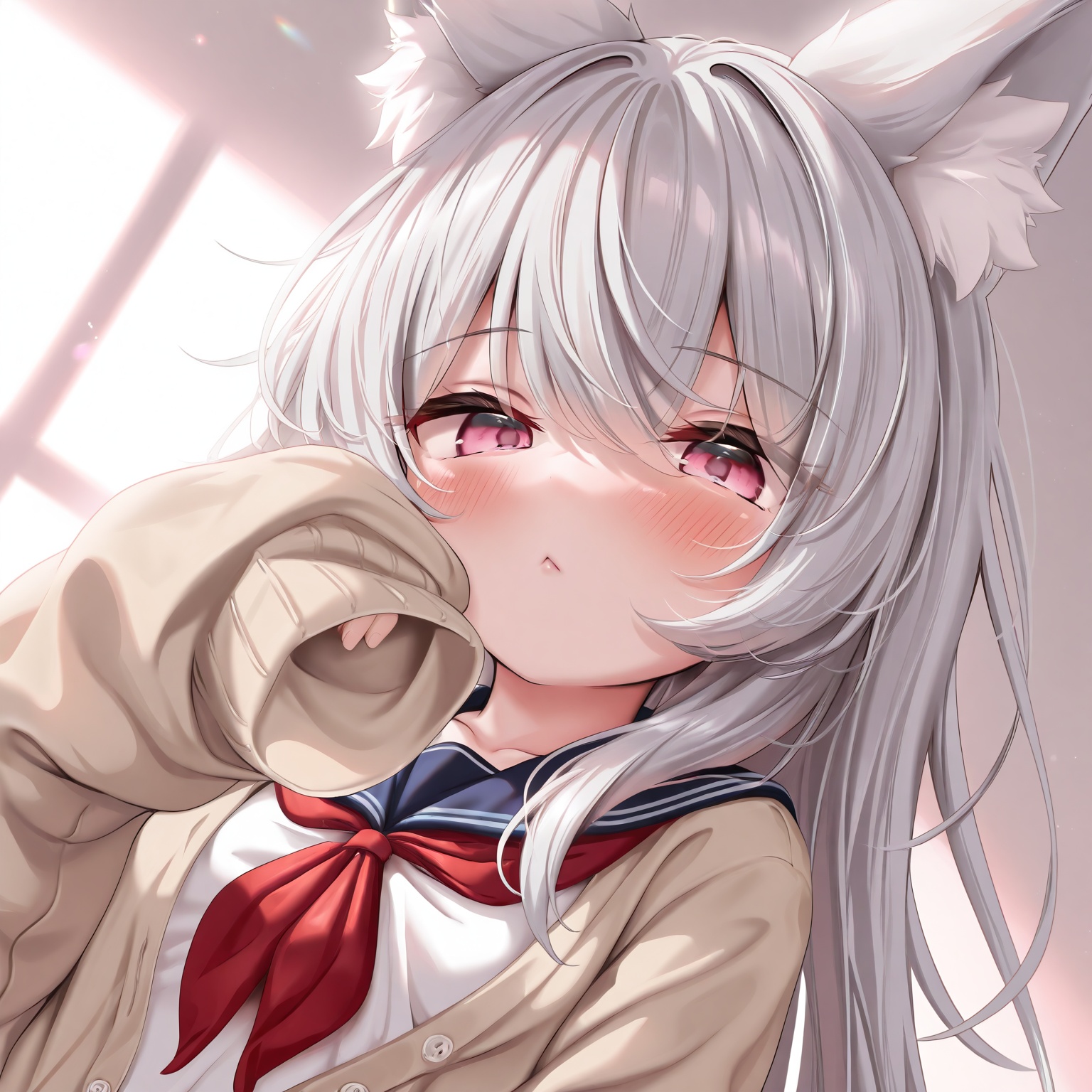 masterpiece,absurdres,best quality,((petite)),loli,high quality,chromatic_aberration,shiny_skin,//,1girl,red_neckerchief,animal_ears,cardigan,sleeves_past_wrists,solo,neckerchief,school_uniform,sailor_collar,looking_at_viewer,blush,serafuku,long_hair,upper_body,long_sleeves,brown_cardigan,black_sailor_collar,hair_between_eyes,animal_ear_fluff,white_hair,grey_hair,closed_mouth,open_cardigan,sleeves_past_fingers,shirt,:<,white_shirt,fox_ears,blue_sailor_collar,pink_eyes,red_eyes,//,<lora:kokuto_(kurousagi1210)——【CKXL】hans:0.88>,