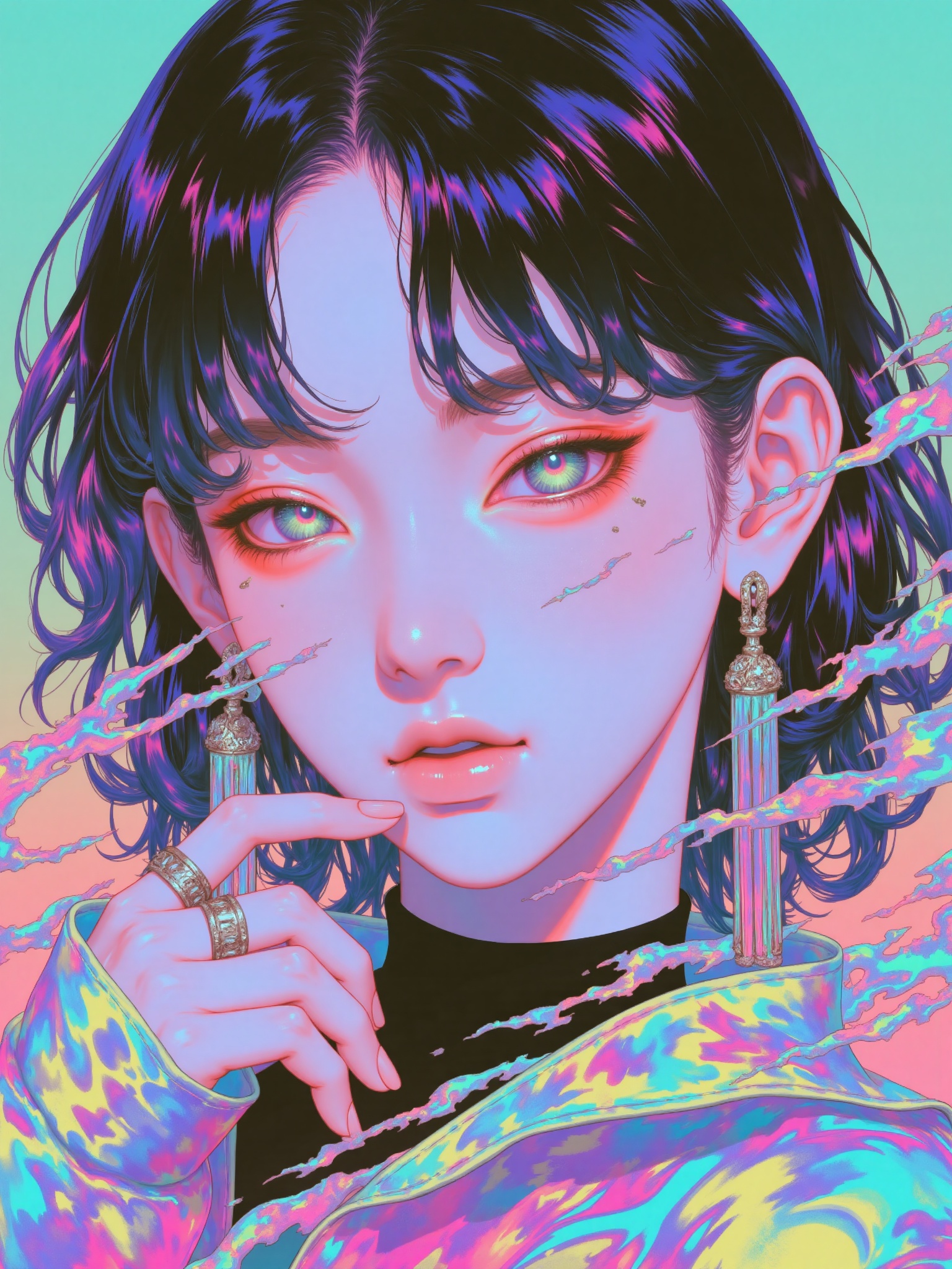 Half-body of a K-pop idol, similar to Moebius art and dark fantasy, ultra-detailed illustration, colorful moiré patterns, soft pastel tones, vaporwave aesthetic, detailed facial features, glitchcore, 2D game art, anime-style character design, flat shading, low contrast