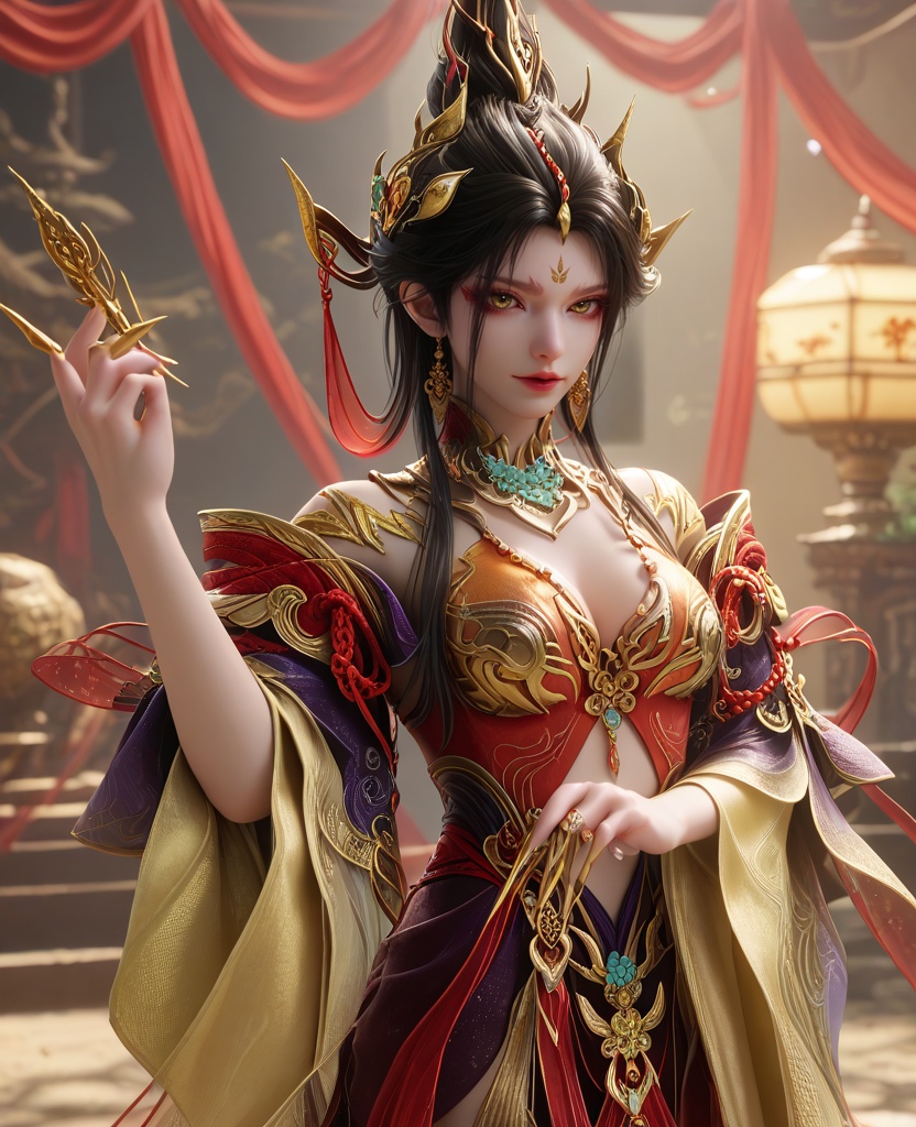 (oriental architecture, elegant decor, sophisticated style:1.1),(dancing in dancing party:1.1),(breasts:1.2),<lora:永劫无间南宫锦五丰太岁:0.95>,miss nangongjin,orange red corset dress with plum,yellow eyes,eyeshadow,forehead mark,black hair,traditional chinese updo with long front strands,hair ornament,earrings,jewelry,claw ring,wide flowing sleeves,cleavage,, score_9,score_8_up,score_7_up,score_6_up,score_5_up,score_4_up,3d rendering,tag1,tag2, Cinematic Lighting,backlighting,