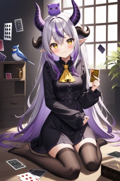 1girl, solo, long hair, looking at viewer, blush, smile, bangs, thighhighs, long sleeves, dress, holding, hair between eyes, sitting, very long hair, closed mouth, full body, yellow eyes, purple hair, braid, grey hair, multicolored hair, horns, pointy ears, fang, indoors, virtual youtuber, black dress, streaked hair, sleeves past wrists, window, :3, bird, wariza, demon horns, single thighhigh, sleeves past fingers, card, yellow ascot, on head, animal on head, playing card, holding card, single leg pantyhose, bird on head, striped horns, la+ darknesss