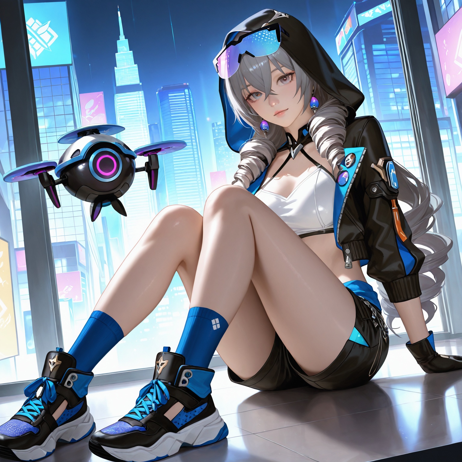 realistic,2.5D,photorealistic,1girl animal_hood bangs black_footwear black_gloves black_shorts blue_legwear bronya_zaychik bronya_zaychik_(haxxor_bunny) bunny_hood city city_lights cityscape drill_hair drone eyewear_on_head full_body fur-trimmed_jacket fur_trim gloves grey_eyes grey_hair hair_between_eyes highres holographic_interface honkai_(series) honkai_impact_3rd hood jacket lirseven looking_at_viewer night night_sky shoes shorts sitting sky sneakers solo twin_drills,