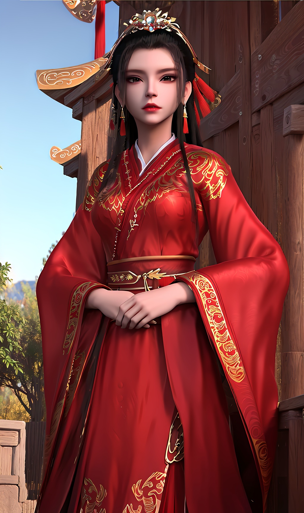 3D,masterpiece,(best quality),(makeup),official art, extremely detailed cg 8k wallpaper,((crystalstexture skin)), (extremely delicate and beautiful),(highly detailed),(1girl), (solo), (jewelry), (earrings),(white_hair),(long_hair),(hair_ornament),(handwear),(breasts),((standing)),,(upper_body),(collar),(tiara),(crown),,(tassel),,(dress),,(multicolored_clothes),(closed_mouth)(long_sleeved),(gold_trim),((chinese_clothes),,(dress),(hanfu),(traditional_clothes)(sunshine, outdoor,bed),((looking_at_viewer)),((Facing the camera)),, <lora:hipoly3DModelLora_v10:0.3>