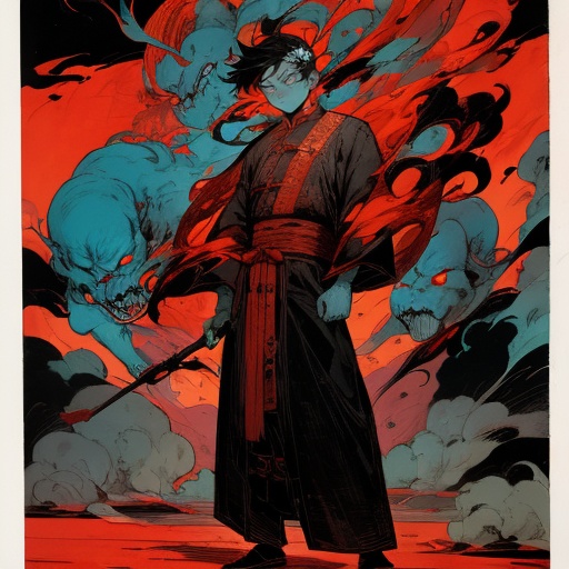 masterpiece,best quality,comic,Vivid Colors,Technicolor,1boy,chinese style,(horror atmosphere:0.6),(horror novel:0.5),<lora:FF_20231229002002-000005:0.5>,