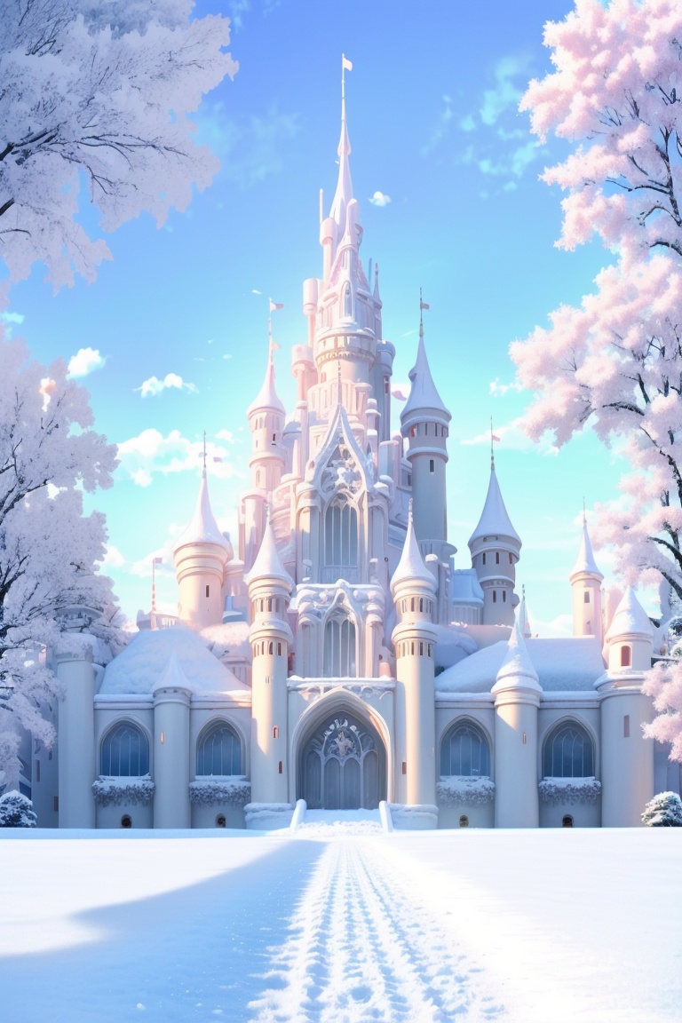 ((HRD, HUD, 8K)),((masterpiece, best quality)), highly detailed, soft light,Castle, no humans, scenery, sky, snow, day, cloud, castle, tree, outdoors, blue sky, winter, tower, mountain, <lora:20240404-1712222230686:0.9>