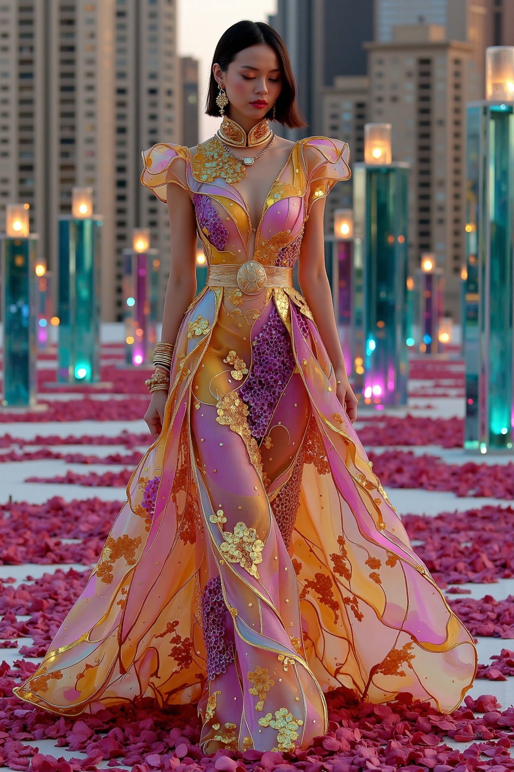 beijihui,a woman stands in a vibrant pink, purple, and yellow gown adorned with a gold belt. She is adorned with earrings, a necklace, and a bracelet. Her hair is styled in a sleek bob, and her eyes are closed. The backdrop is a backdrop of a cityscape, adorned with tall buildings. The floor is covered in rose petals, adding a touch of color to the scene.