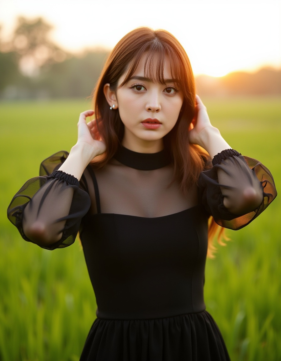 This photograph captures a young Asian woman with fair skin and straight, shoulder-length brown hair. She is standing outdoors in a sunlit field, wearing a sheer black top with puffed sleeves and a black dress underneath. Her expression is neutral, and she is adjusting her hair with both hands. The background features lush greenery and a soft, golden glow from the setting sun, creating a serene, natural ambiance.