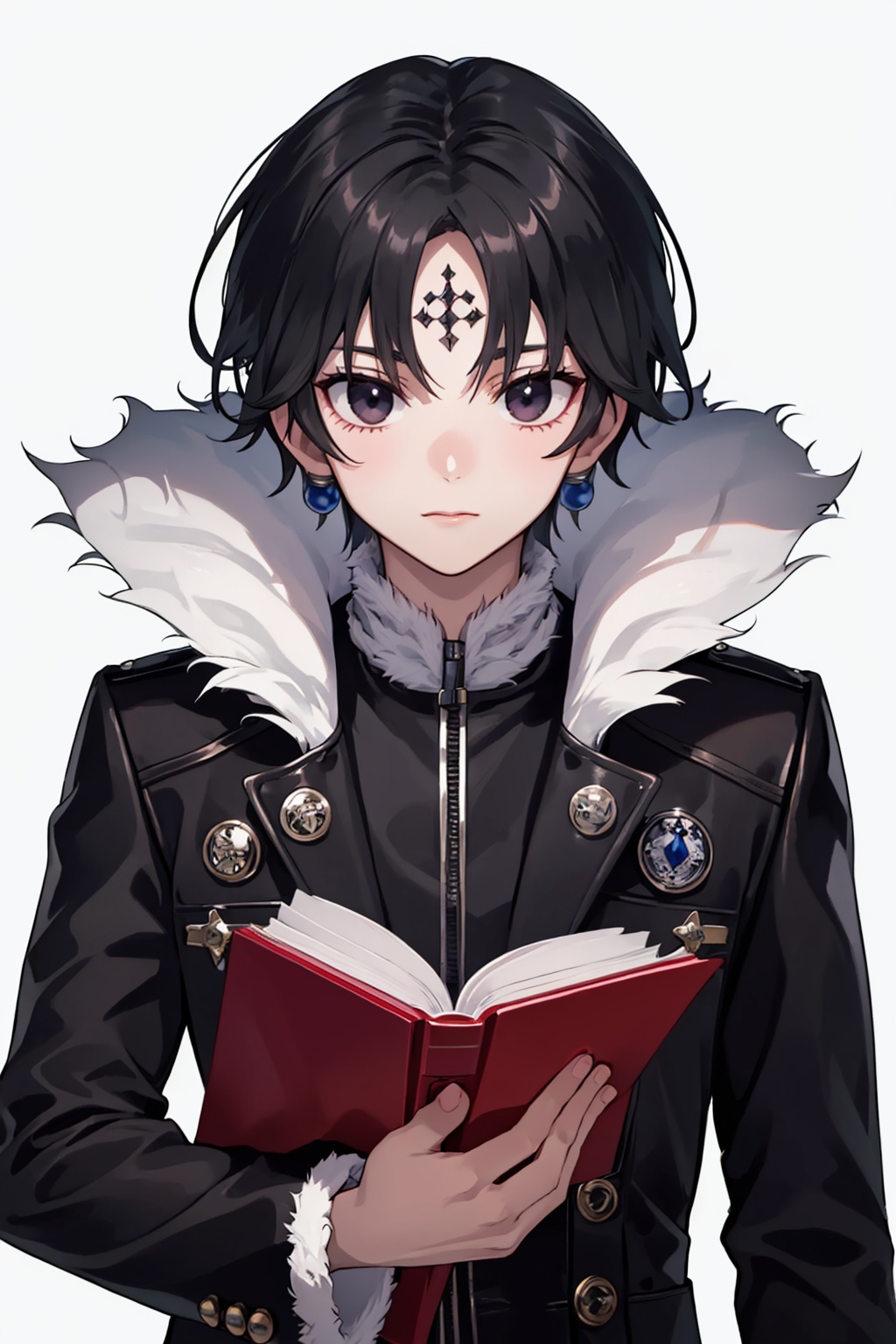masterpiece,best quality, highly detailed, 1boy,chrollo lucilfer,male focus,solo,upper body,black coat,forehead mark,fur-trimmed coat,long sleeves,closed mouth,fur collar,holding book,looking at viewer,simple background,white background,<lora:chrollo_lucilfer:1>