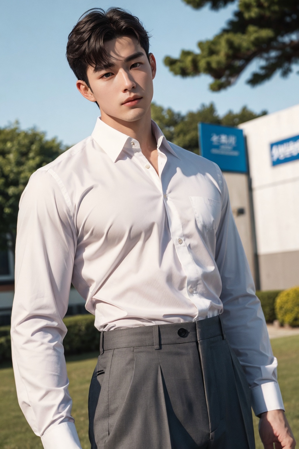 masterpiece,1 male,25 years old,Look at me,Korean male,Short hair,Muscular development,Pectoralis major,Collared shirt,Trousers,Outdoor,Realism,textured skin,super detail,best quality,Film Grain,