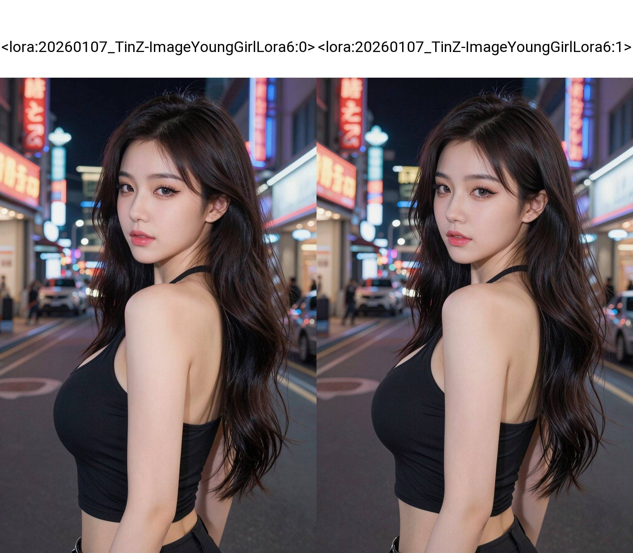 This is a high-resolution photograph of a young Asian woman with long, wavy dark hair and fair skin. She has a slender physique and is wearing a black halter top. Her makeup is striking, featuring winged eyeliner and pink lipstick. She is standing on a brightly lit city street at night, with neon signs and buildings in the background. The image captures her in a three-quarter profile, looking slightly over her shoulder towards the camera with a neutral expression. <lora:20260107_TinZ-ImageYoungGirlLora6:0>