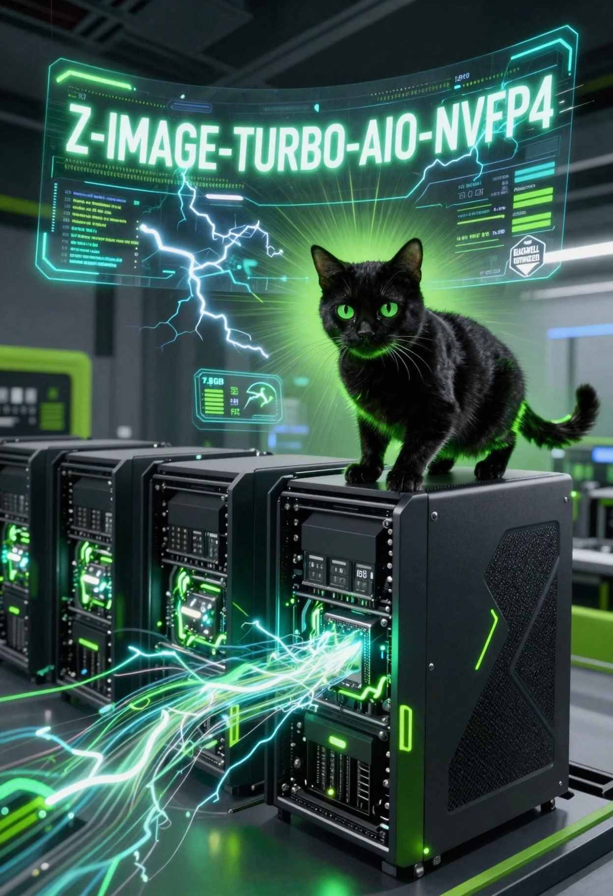 Ultra-modern NVIDIA Blackwell data center with sleek next-generation RTX 50 series GPU towers arranged in precise formatio...