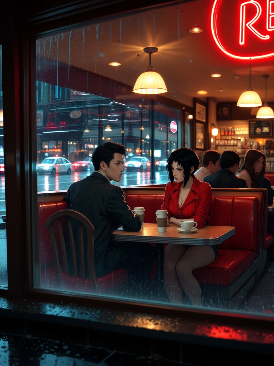 Spike Spiegel and Faye Valentine,  unmistakable anime characters,  sitting inside a photorealistic late-night diner on Ten...