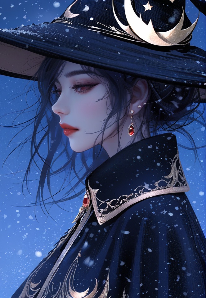 (best quality), ((masterpiece)), (highres), illustration, original, extremely detailed, 1girl, solo, hat, jewelry, mole under mouth, mole, earrings, witch hat, black hair, crescent, snowing, black headwear, red eyes, from side, hat ornament, profile, witch, long hair, half-closed eyes, upper body, eyelashes, lips, blue background, snow, red lips